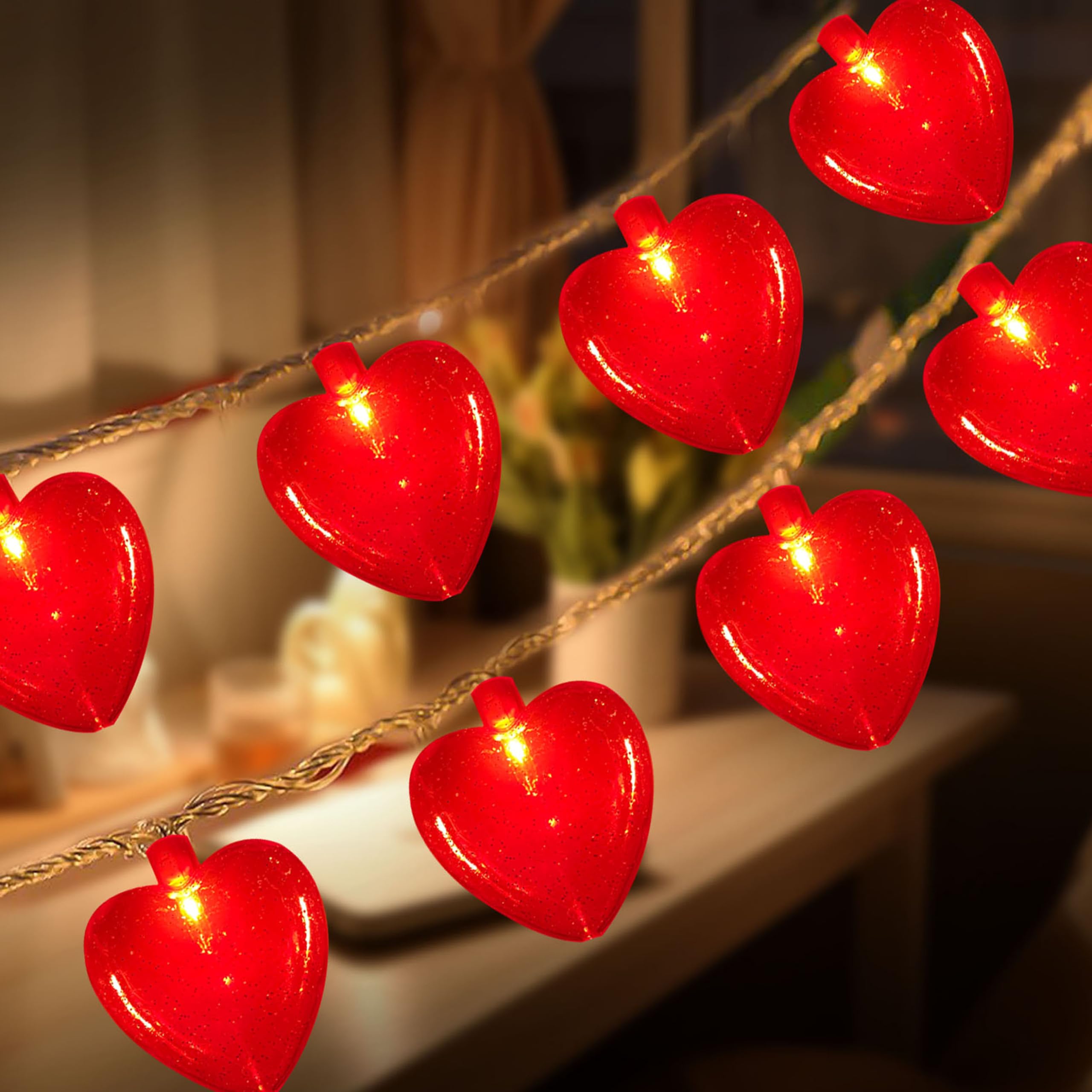 8.5Ft Heart String Lights, Valentines Day Decorations Lights with 10 Red Heart Lights, Plug in Fairy Heart Shape String Lights for Window Wedding Anniversary Bedroom Party Valentine's Day Decorations