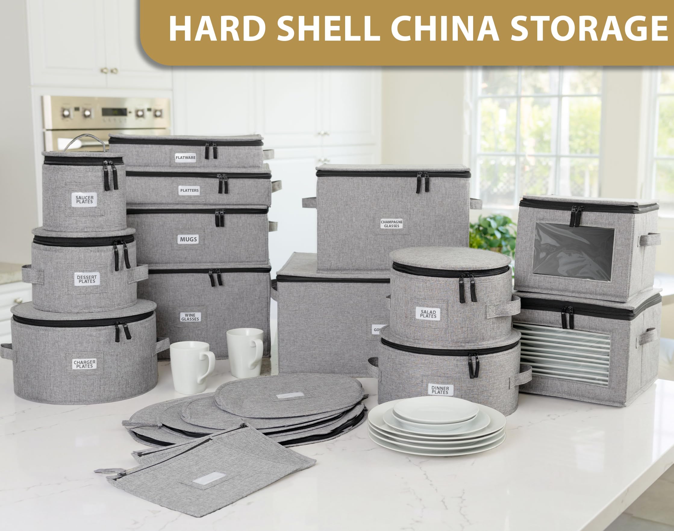 Set mit 4 Porzellan-Aufbewahrungsboxen für Geschirr, Hartschale, stapelbar, Größen: 30,5 cm – 25,4 cm – 21,6 cm und 17,8 cm B – 48 Teller-Trennwände im Lieferumfang enthalten