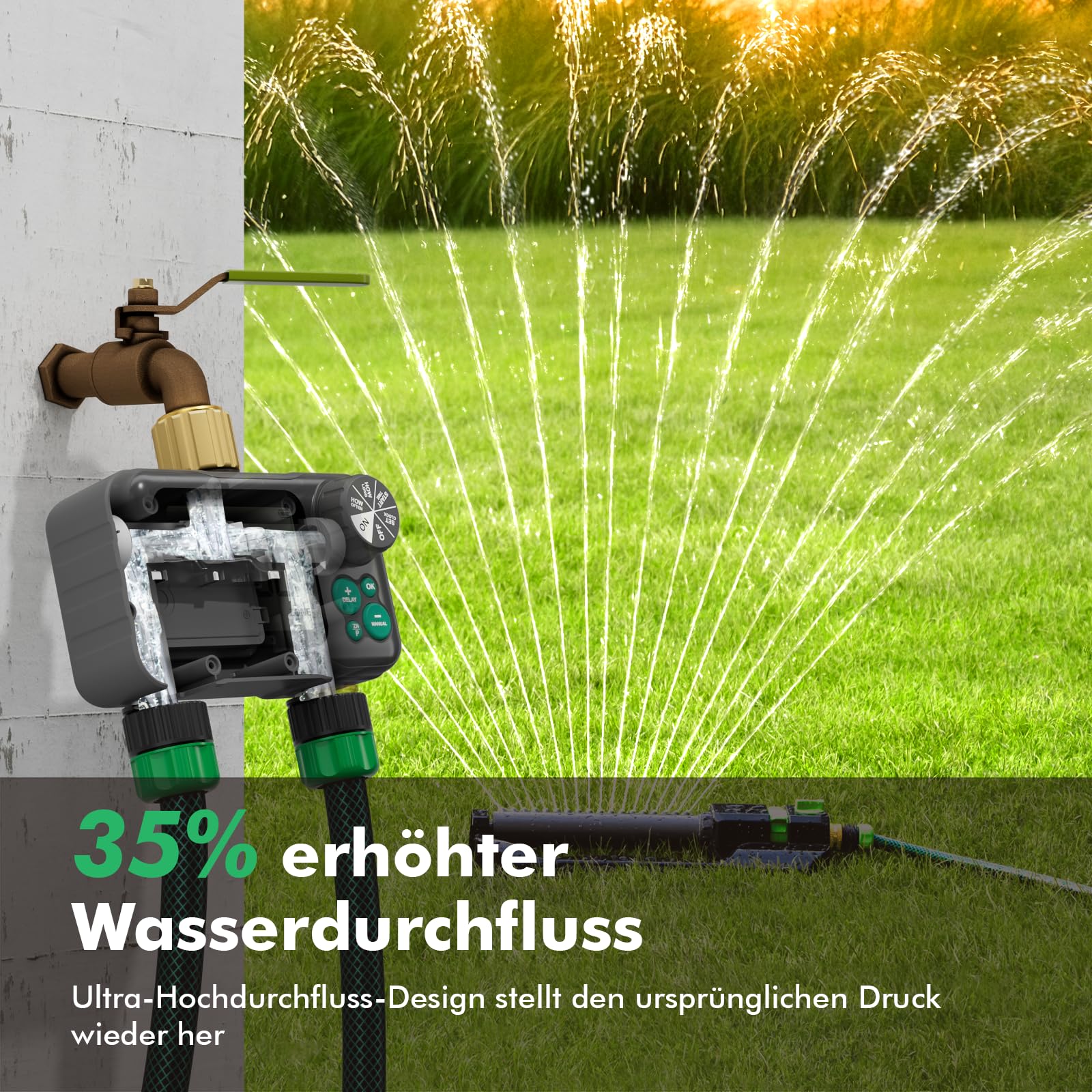 RESTMO Ordenador de riego RF de 2 zonas, temporizador de riego con mando a distancia | Automático/manual/retardo de lluvia, para manguera de jardín y grifo exterior, riego de césped