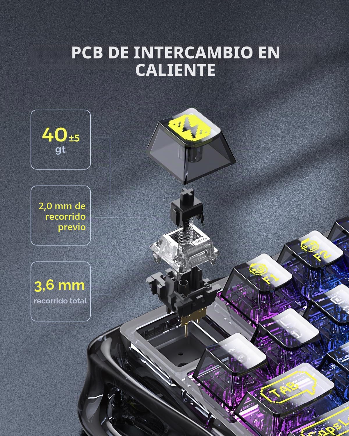 GravaStar Mercury K1 Lite QWERTZ Teclado mecánico (disposición DE), 75% teclado para gaming, inalámbrico, trimodo (2,4 GHz/Bluetooth/cable), teclado para gamer intercambiable en caliente, iluminación