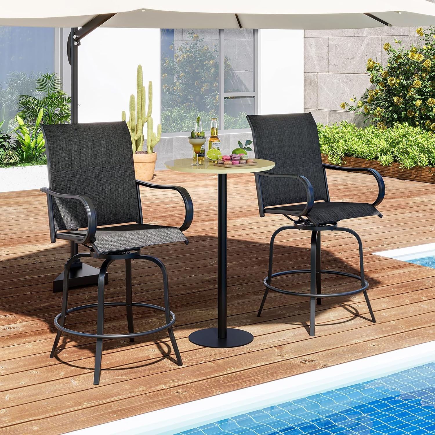 Tangkula Outdoor Swivel Bar Stools Set of 2, Bar Height Tall Patio Chairs with Armrests & High Back, Cozy Footrest & Solid Metal Support, High Top Bar Chairs for Backyard, Balcony, Poolside (1, Black)
