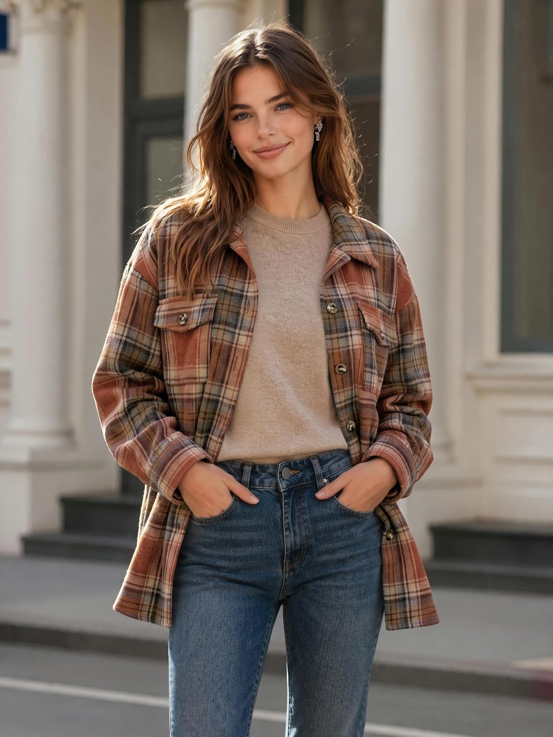 Zeagoo Women's Flannel Plaid Shacket Long Sleeve Button Down Jacket S-2XL
