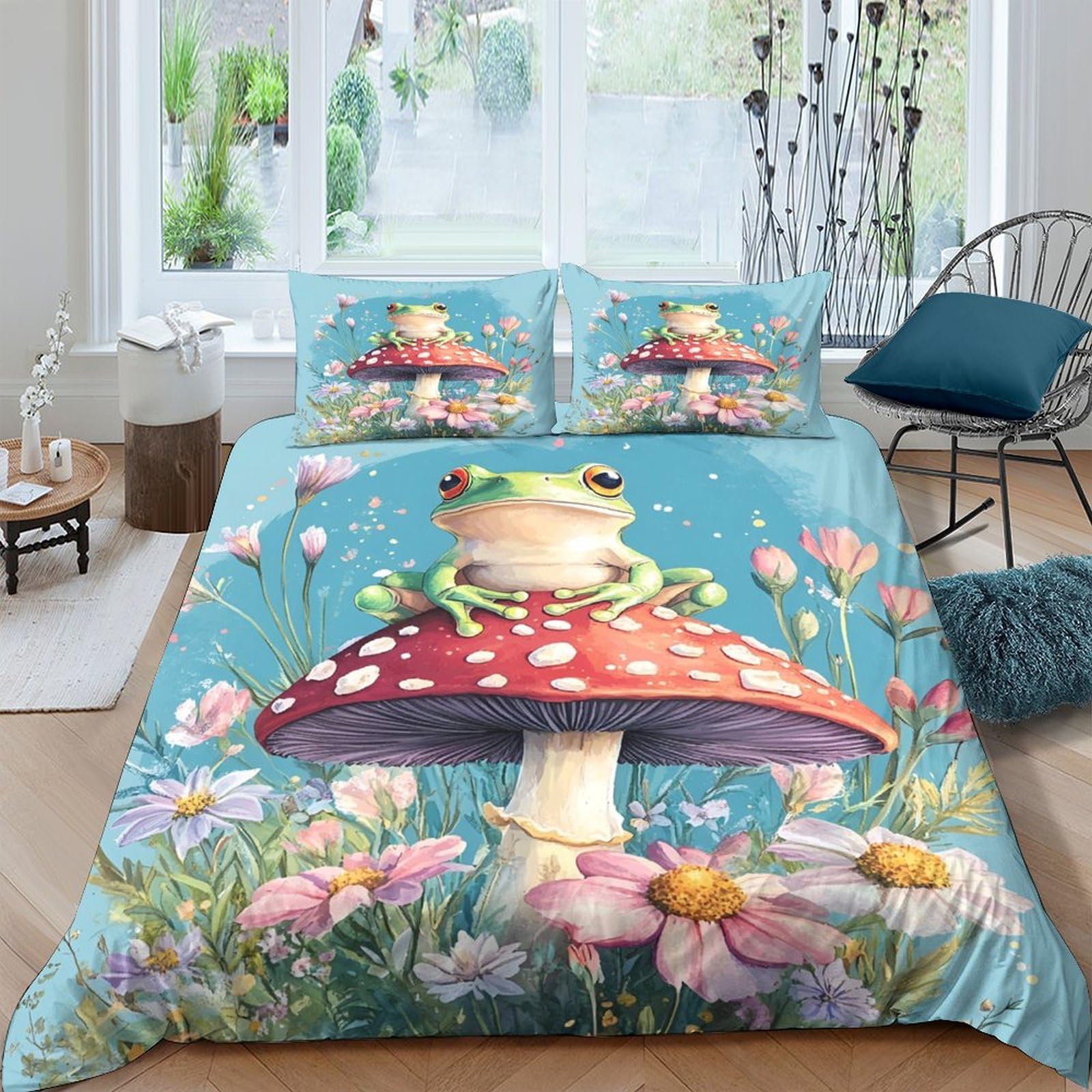Ctjqhvkz Style-2 3D Printed Frog Mushroom Fitted Sheet Microfiber Soft Blue Nature Bed Cover Non Slip For Bedroom Guest Room Decor Single（135X200cm）