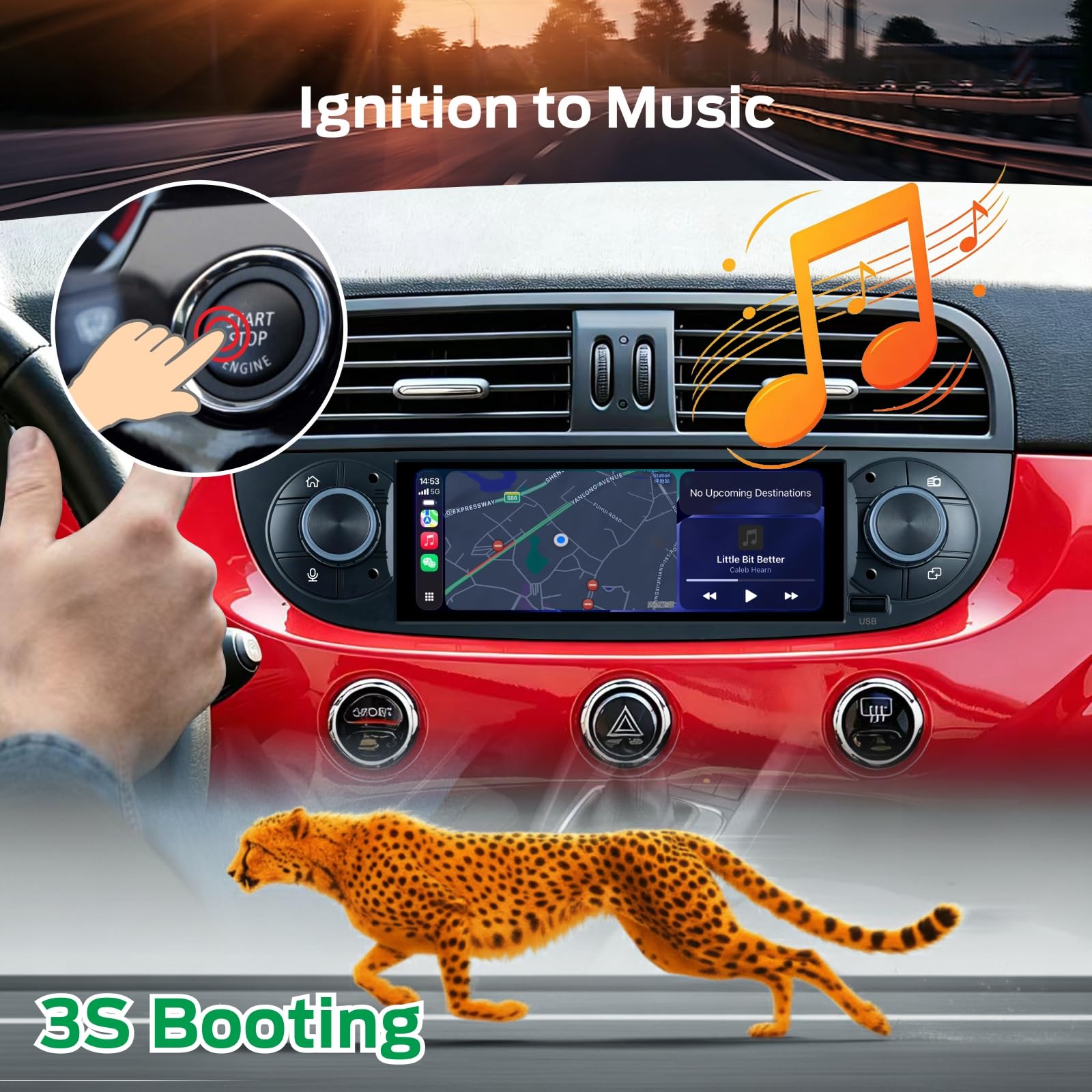Autoradio Linux per Fiat 500 2007-2015 con CarPlay Wireless e Android Auto, avvio in 2 secondi, comandi fisici tramite manopola, audio di livello OEM, Porta ISO Plug & Play, Nero