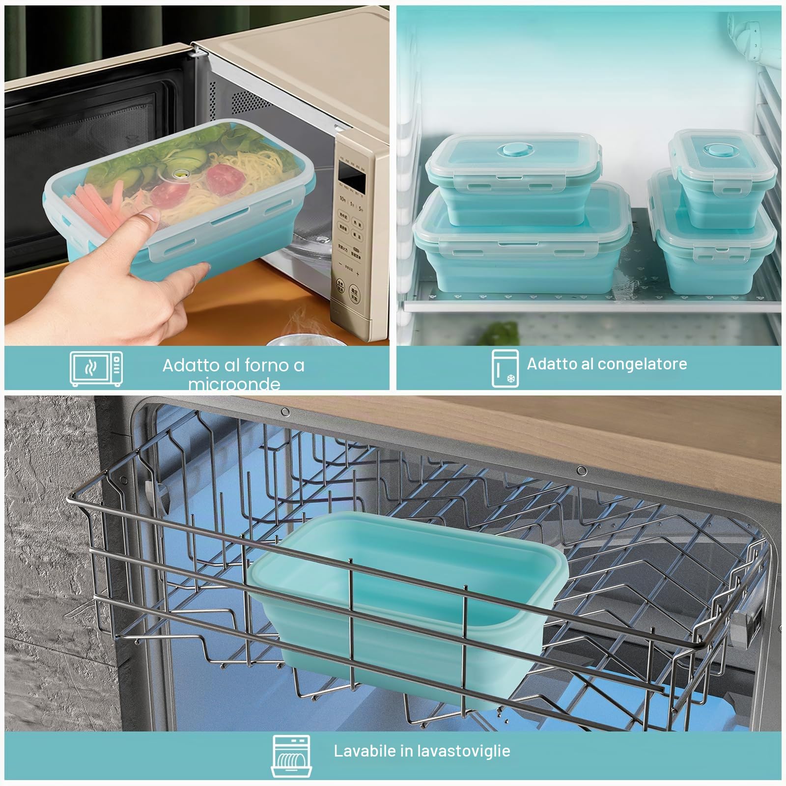 Contenitore per alimenti in silicone pieghevole con coperchio, portatile, salvaspazio, adatto al microonde e congelatore, set di 4 (Azzurro)