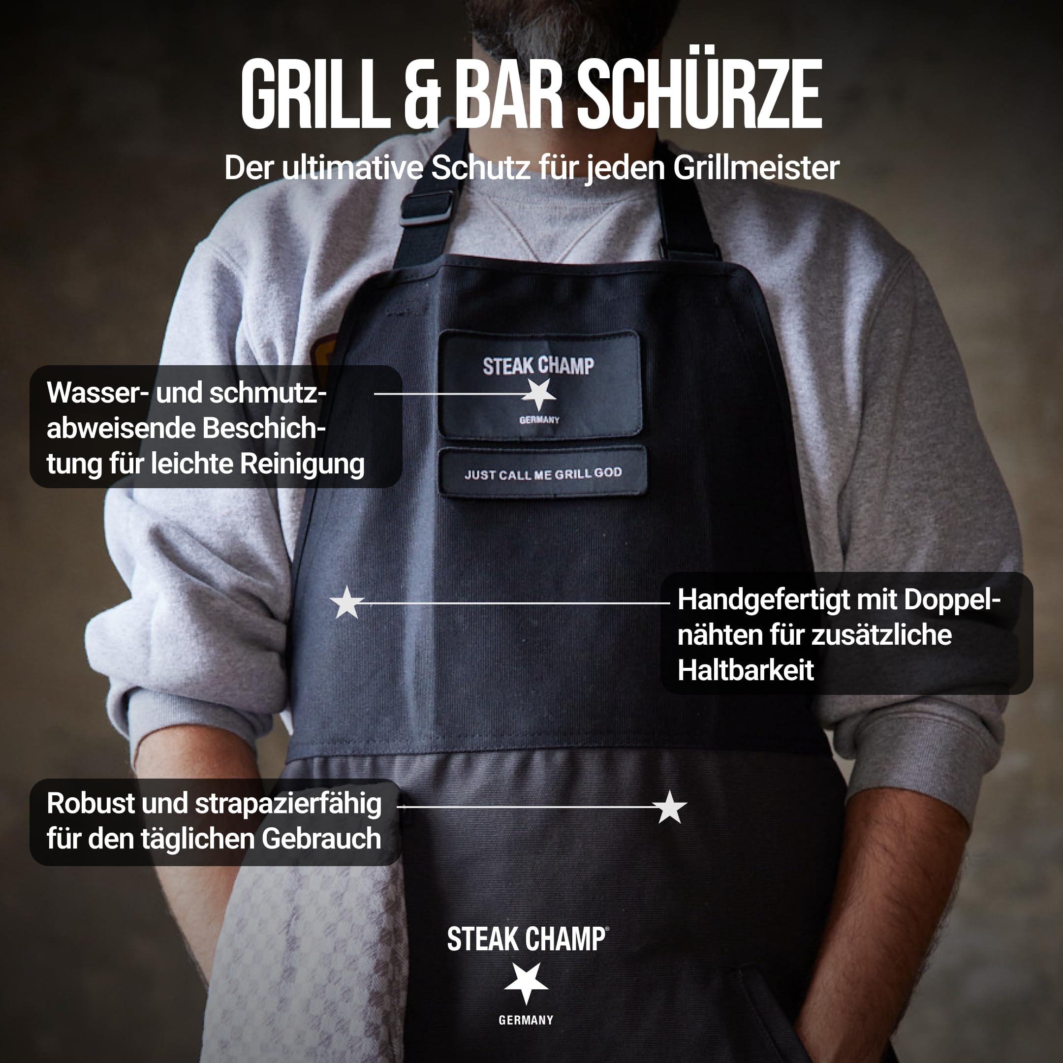 Steakchamp Grill & Bar Schürze: Robuste Koch- & Grillschürze, verstellbar, mit schmutz- und wasserabweisender Beschichtung, Aufnäher personalisierbar