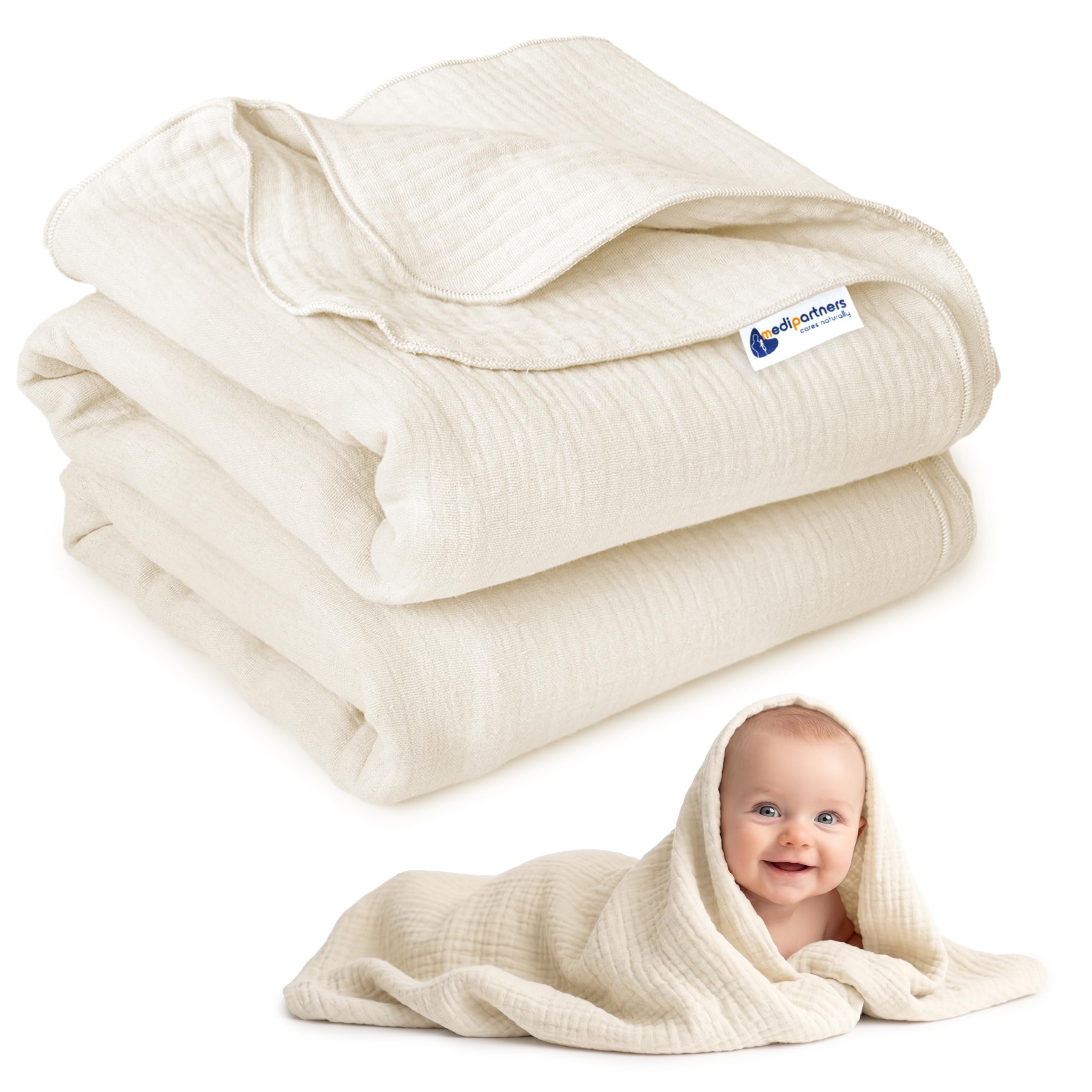 Medi Partners Muslin Baby Blanket 100 x 150 cm Baby Blanket Muslin Blanket Newborn - Thin Cuddly Blanket Summer Baby Blankets for Toddlers Crawling Blanket Children's Bed Pram (Beige)