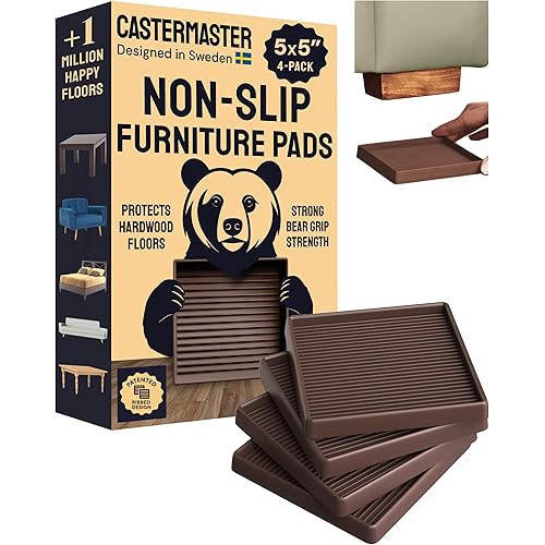 CasterMaster Square Rubber Furniture Pads - 4-Pack, Brown, 5in x 5in - Non Slip Furniture Pads for Hardwood Floors - Floor Protectors for Chairs & Rubber Feet - Stoppers to Prevent Sliding