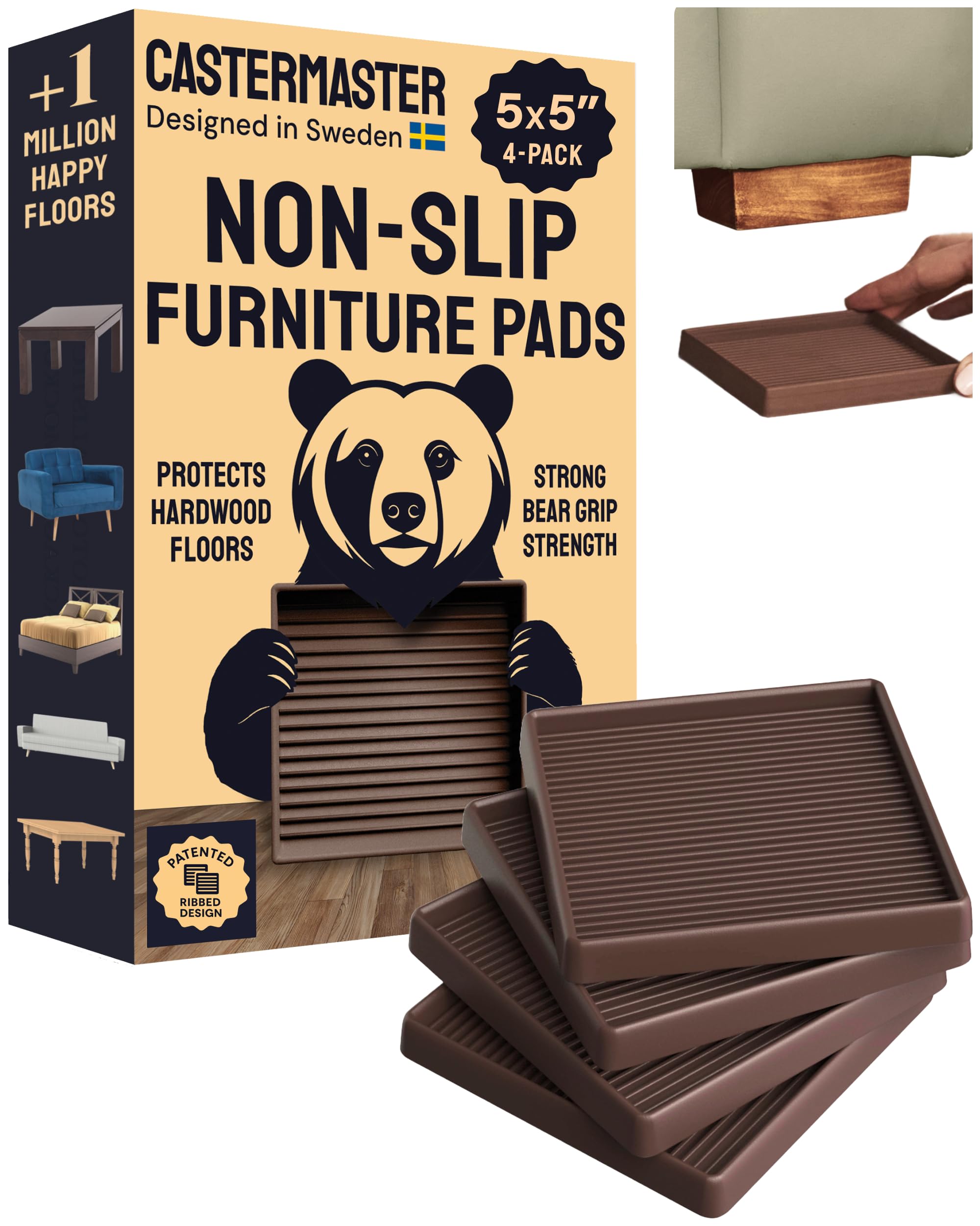 CasterMaster Square Rubber Furniture Pads - 4-Pack, Brown, 5in x 5in - Non Slip Furniture Pads for Hardwood Floors - Floor Protectors for Chairs & Rubber Feet - Stoppers to Prevent Sliding