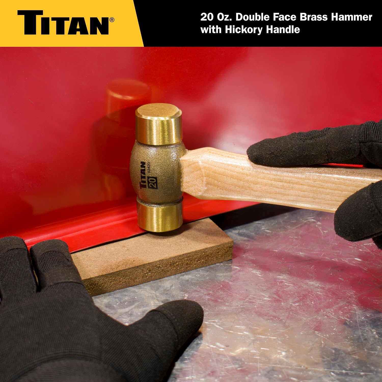 Titan 63420 20oz Double-face Brass Hammer with 13" Hickory Wood Handle, Spark Resistant, Impact Absorbing Brass Head