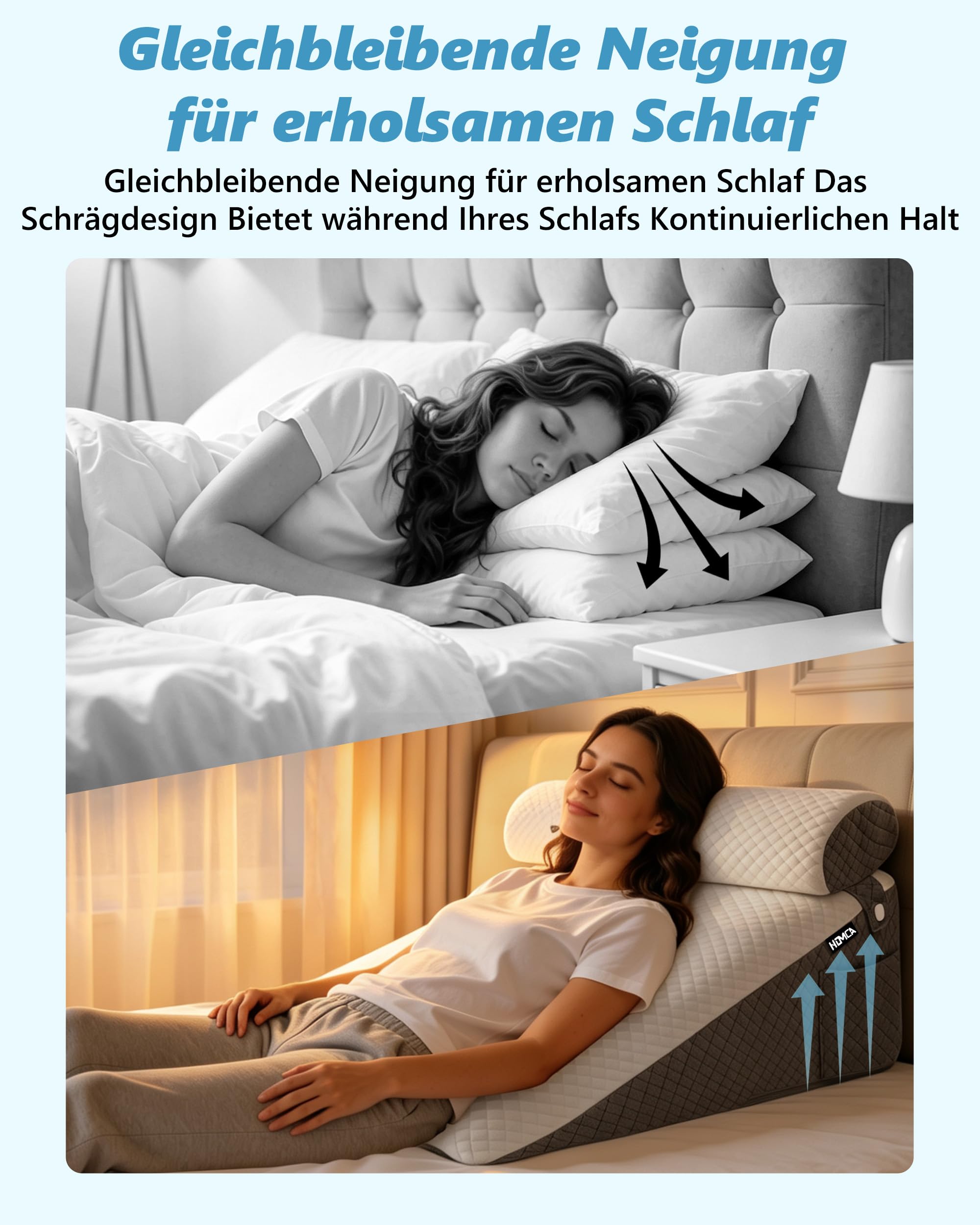 HOMCA Keilkissen Reflux Kissen für Bett und Sofa mit Nackenrolle 63x63x28cm | Lesekissen Matratzenkeil für Erwachsene für Rücken und Beine, Schlaferhöhung, Dreieckskissen als Bettkopfteil, Doppelte Bezug