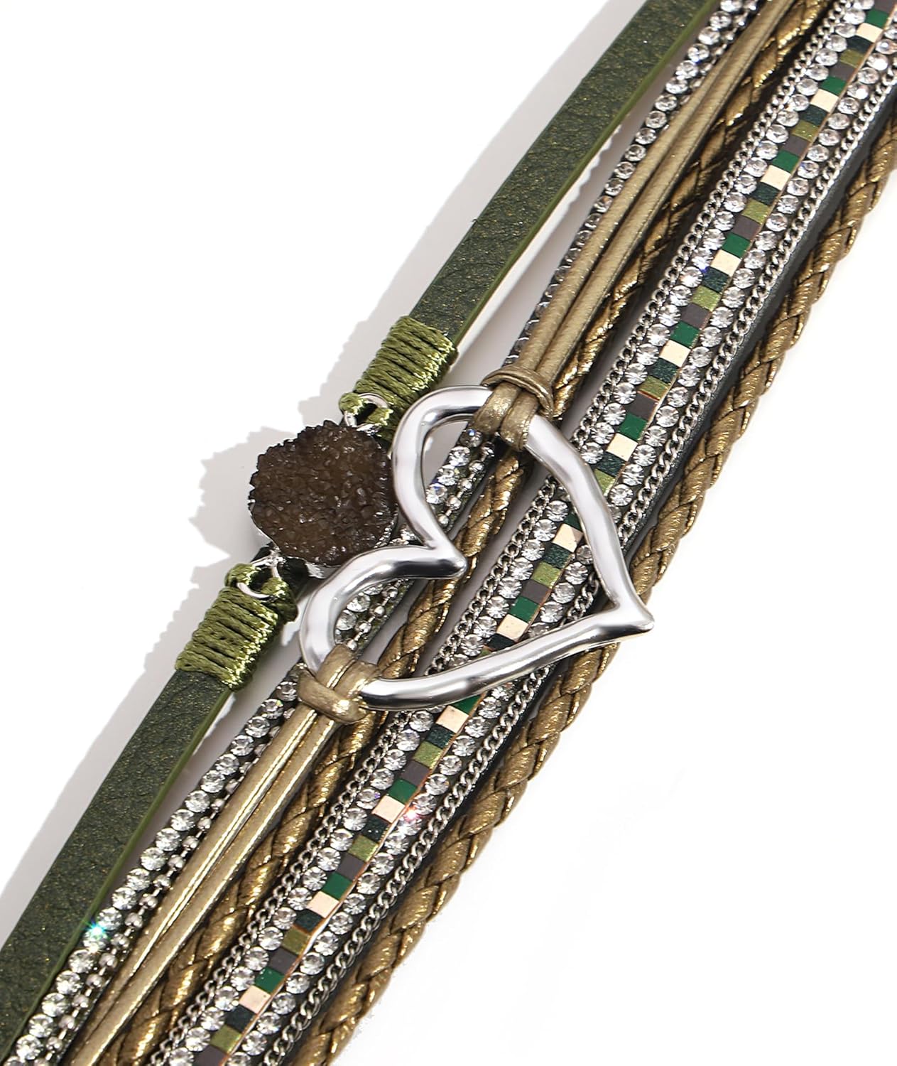 Leather Wrap Bracelet for Women Beaded Cuff Bracelet with Heart-shape Decor Bohemian Crystal Bracelet Jewelry with Clasp Bangle Bracelet for Women Girls Birthday Holiday Gift - Image 4