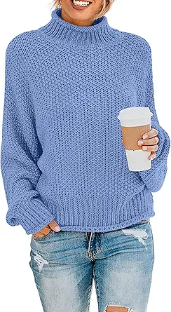 ZESICA Women's 2023 Turtleneck Batwing Sleeve Loose Oversized Chunky Knitted Pullover Sweater Jumper Tops