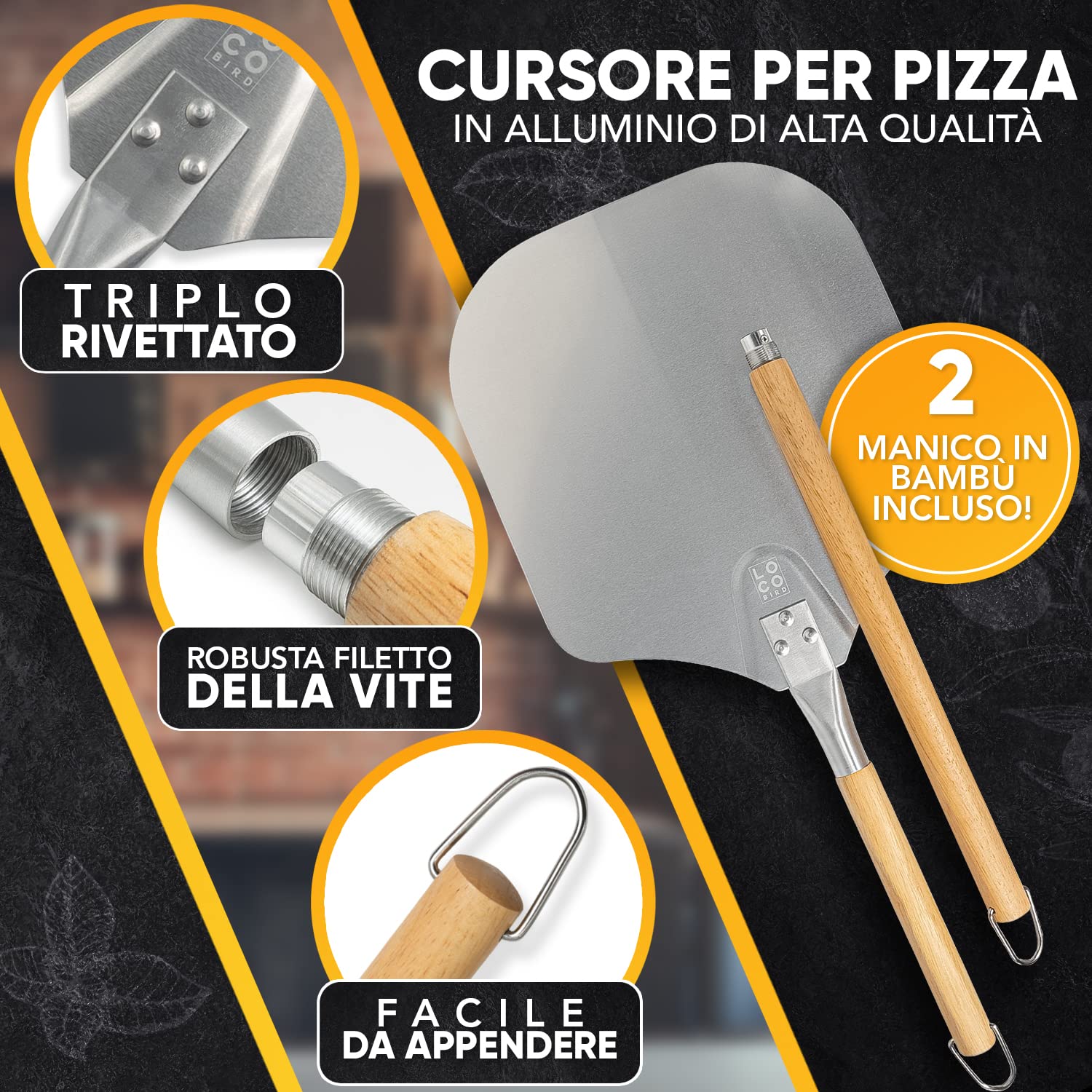 Loco Bird, pietra per pizza forno e barbecue a gas, con pala set da 3 pezzi, rettangolare in cordierite, pizze gustose come fatte Italia, libro di ricette (lingua italiana non garantita