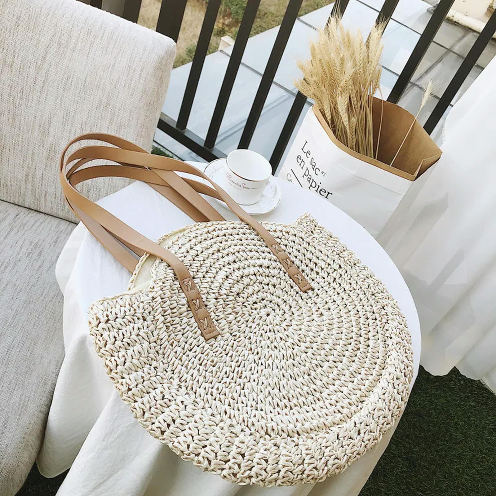 strohtaschen Damen Runde Stroh Beach Bag Vintage Handgewebte Umhängetasche Rattan Tasche Sommer Urlaub Casual Bag-beige