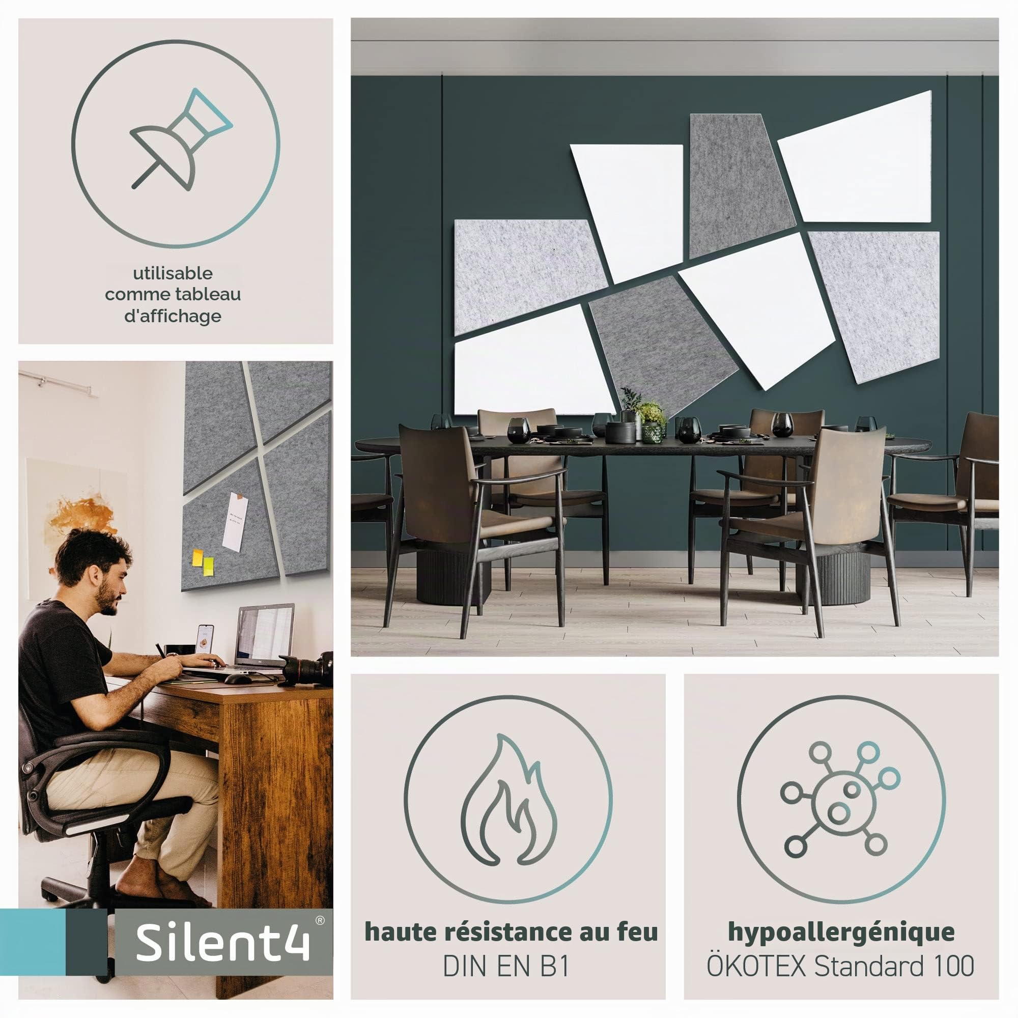 SILENT4® Kit de 8 panneaux acoustiques mural, DIVID, montage collé, blanc gris, voile acoustique