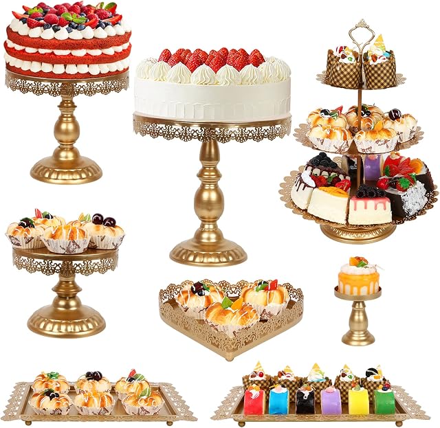 YHANEC Gold Cake Stand, 8Pcs Cake Display Stand Set, Cupcake Stand, Round Metal Cake Stand, Vintage Trays Holder Fruits Dessert Display, for Wedding Baby Shower Birthday Party and Afternoon Tea