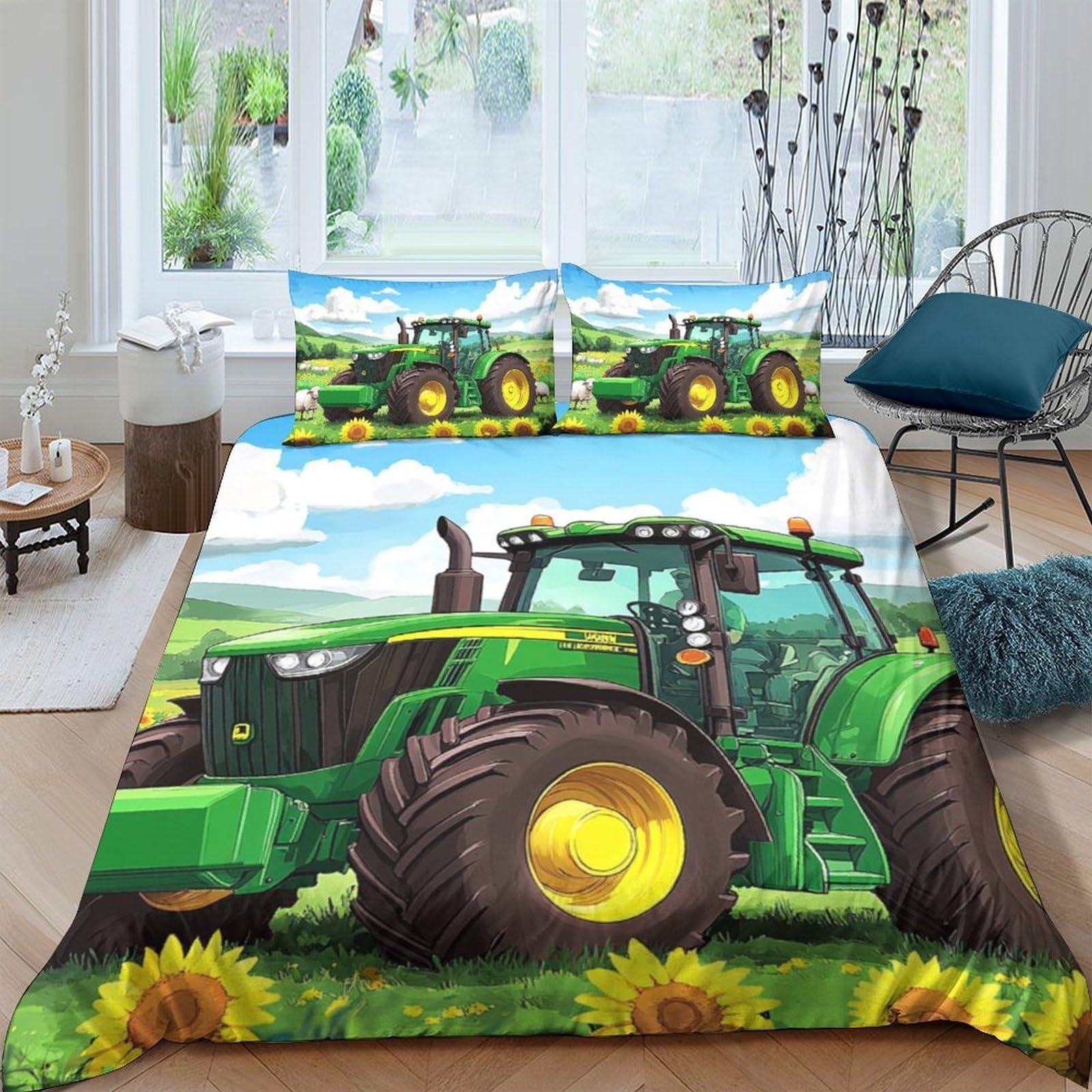 Ctjqhvkz Style-4 3D Printed Green Tractor Fitted Sheet Microfiber Sunflower Farm Bed Cover For Bedroom Dorm Mattress Protection Decor Single（135X200cm）