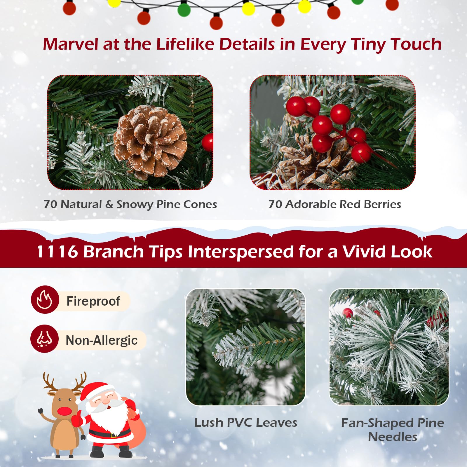 Weihnachtsbaum, LED-Lichter, schneebedeckte PVC-Spitzen, Kiefernnadeln, rote Beeren(7FT)