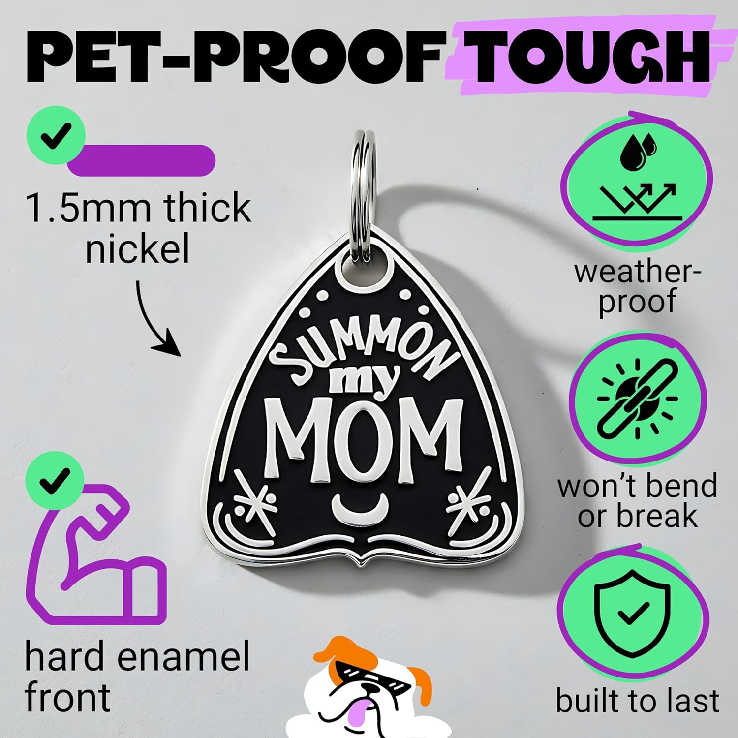 Bad Tags Personalized Dog and Cat ID Tags in 25+ Designs and 2 Sizes - 4 Lines of Custom Engraved Text - Funny Cute Personalized Pet Tags (Summon My Mom, Small (1 inch))