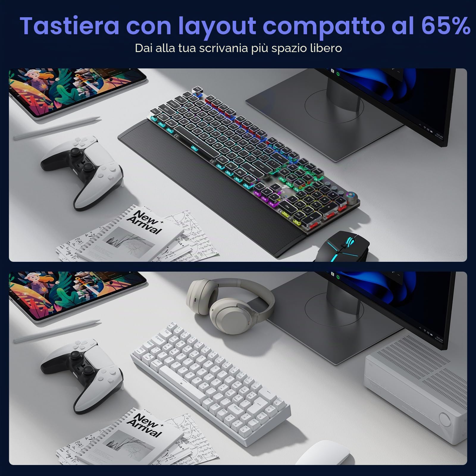 TECURS Tastiera da gioco meccanica senza fili RGB illuminata 65% TKL ricaricabile Bluetooth / 2.4G, 68 tasti, interruttore rosso QWERTZ per PC Windows/Mac/PS4, bianco
