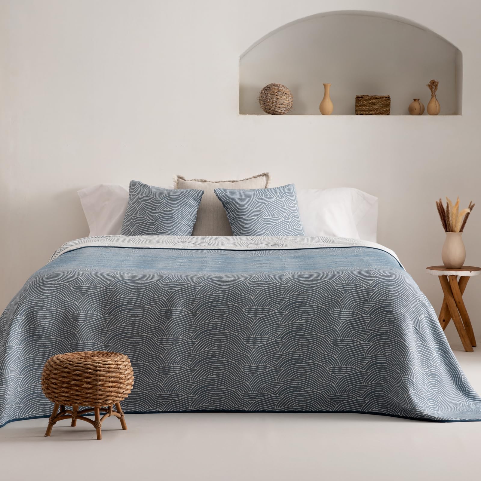 GAMUSI Colcha Moderna Cama 135/140 cm Ligera Entretiempo Primavera Verano Marea Jacquard algodón Transpirable, 235x270 cm, Color Azul
