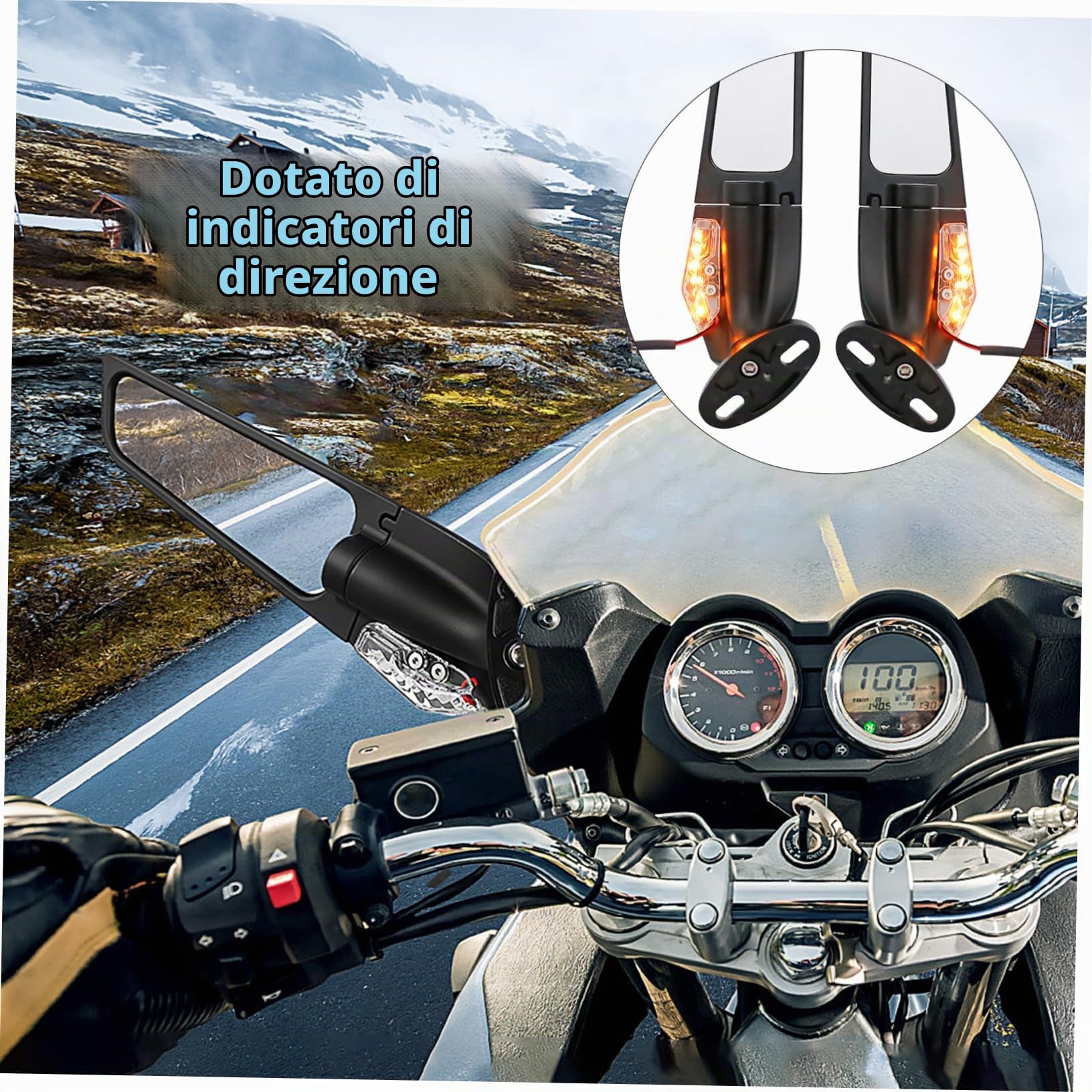 Specchietti per Moto con Frecce, Specchietti Laterali Neri per Motocicletta, Ampia Superficie e Lega di Alluminio Abs,