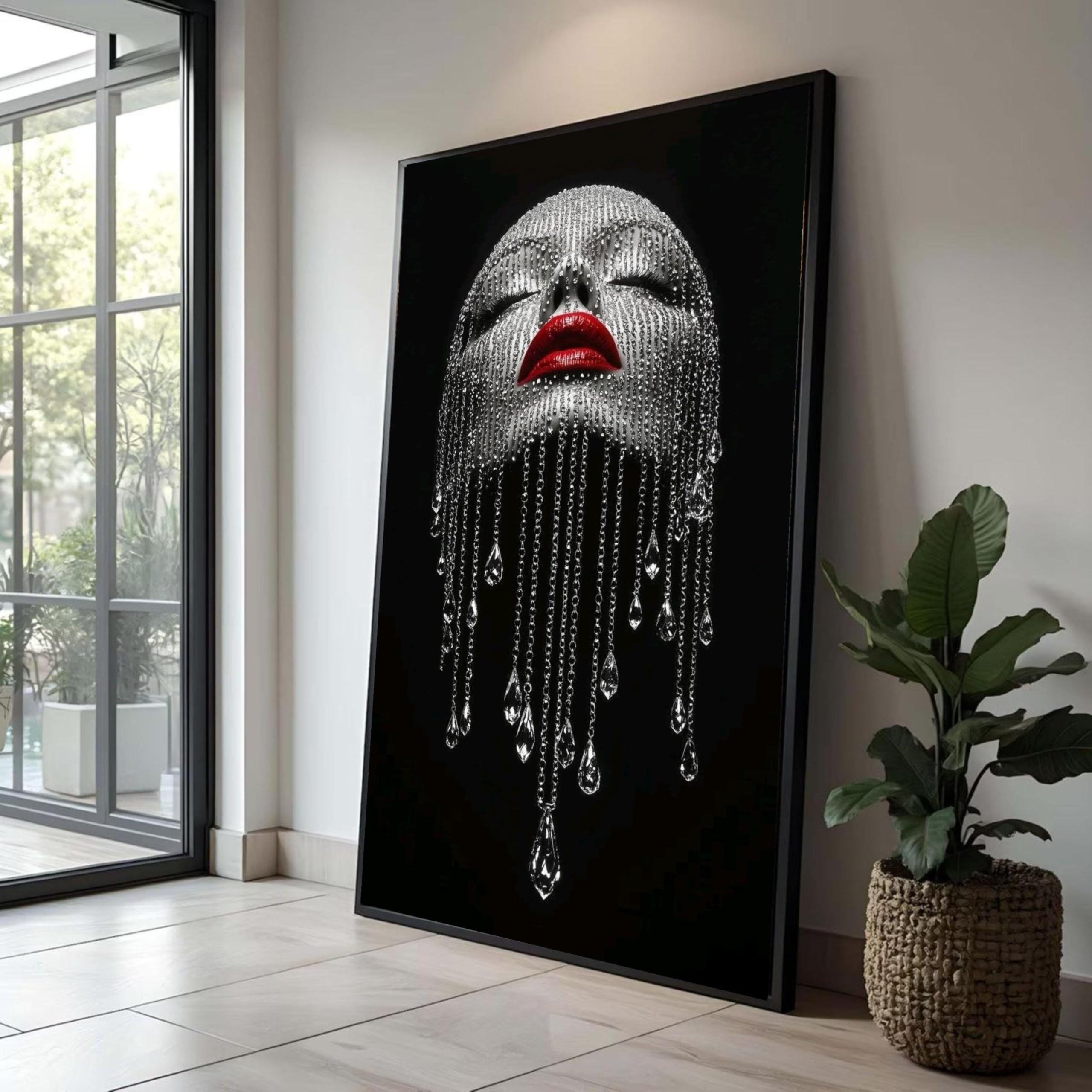 TONGYINLI Poster und Drucke mit glamourösen Frauengesichtern, Wandkunst mit roten Lippen, moderne Modemalerei, luxuriöse Heimdekoration auf schwarzem Hintergrund (40x70cm/Innenrahmen)