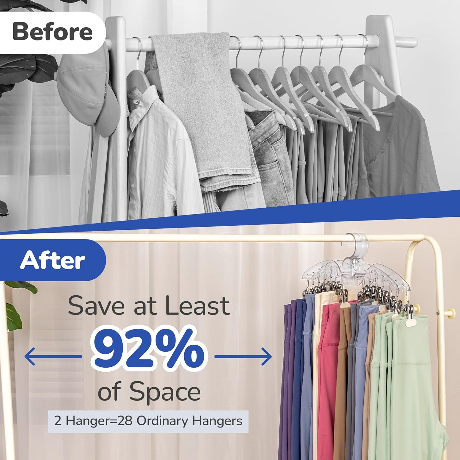 Antimbee Legging Hangers Organizer, Clear Pants Hanger with Larger Clips, 2-Pack Hanging 28 Leggings for Closet, Space Saving Yoga Hanger Storage Clothes and Essentials in Wardrobe