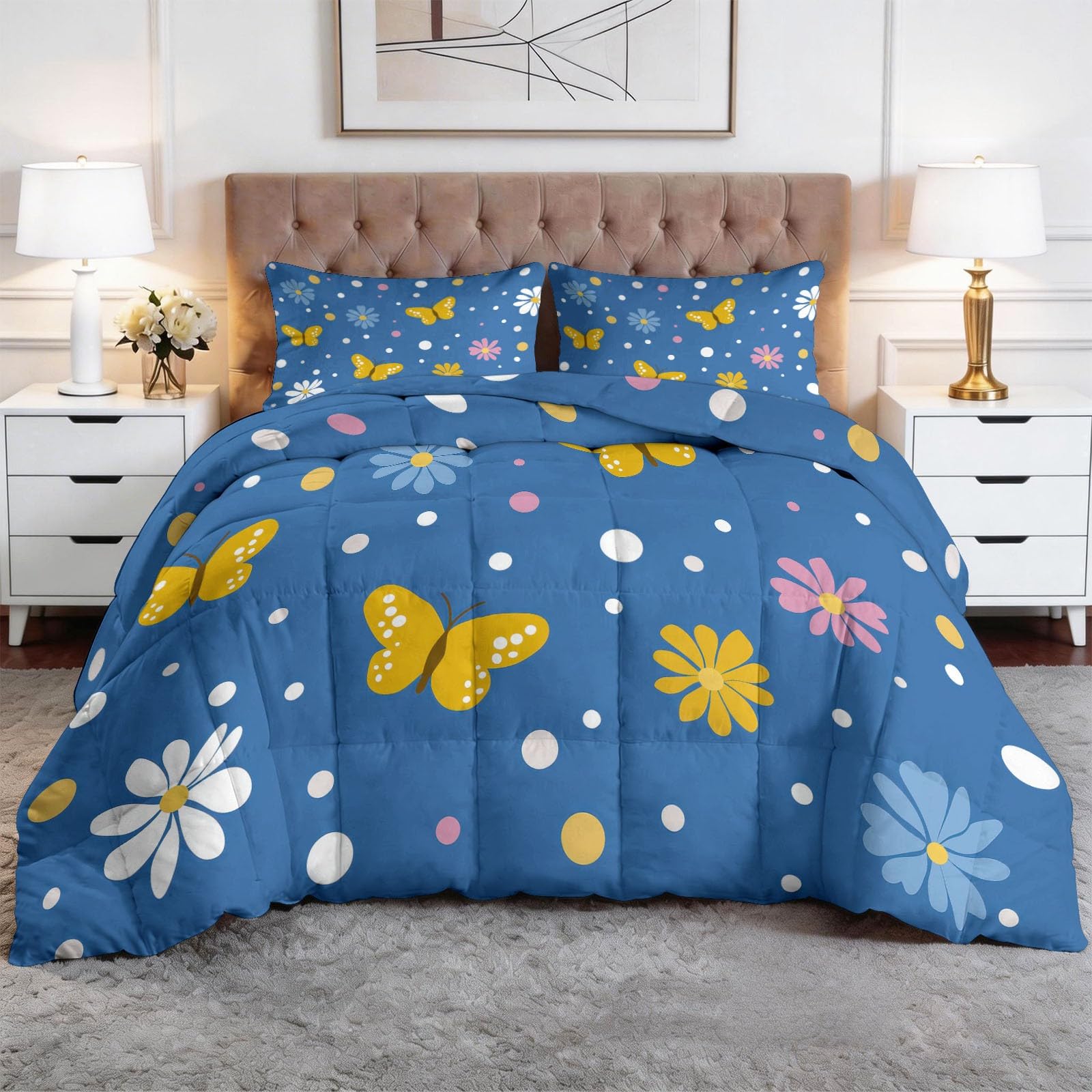 Gelber Schmetterling Kleine Blumen Bettdecke 220 x 240 cm 4 Jahreszeiten Steppdecke, Lustiger Cartoon Ganzjahresdecke Kleinkinder Bettwaren Set Kinderzimmer Mädchenzimmer Bettdecke Ohne Bezug