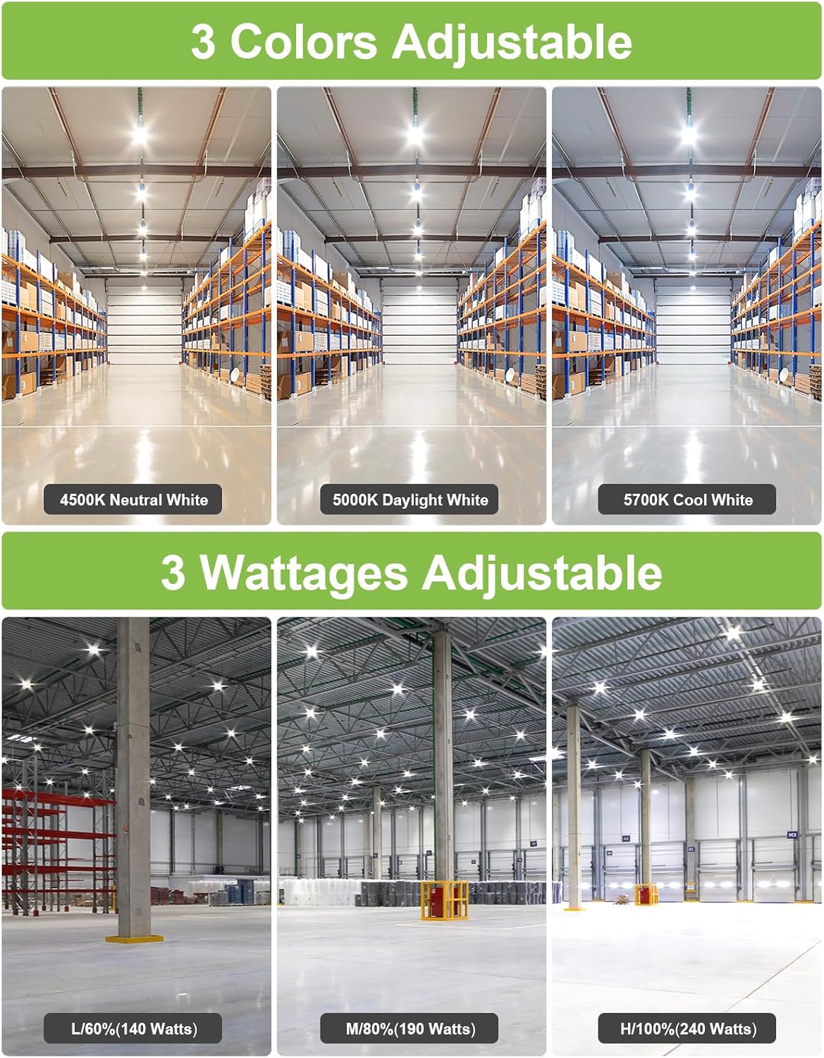 KUKUPPO 2Pack 240W LED High Bay Light Color Changeable, Dimmable LED UFO High Bay Shop Light with Plug Power Adjustable Commercial Bay Lighting for Warehouse Indoor, 100-277V, ETL&DLC Listed
