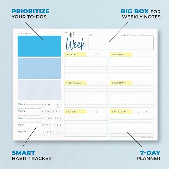 Weekly Planner Pad - Undated Planner - To Do List Notepad - Habit Tracker - 11 x 8.5 - 52 Tear-Off Sheets - Daily Planner Undated for Home Work Office Business - Goal Planner - Cute Planner (Blue)