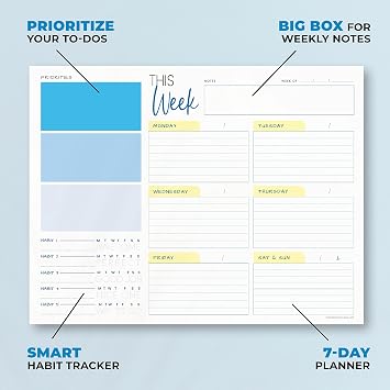 Weekly Planner Pad - Undated Planner - To Do List Notepad - Habit Tracker - 11 x 8.5 - 52 Tear-Off Sheets - Daily Planner Undated for Home Work Office Business - Goal Planner - Cute Planner (Blue)