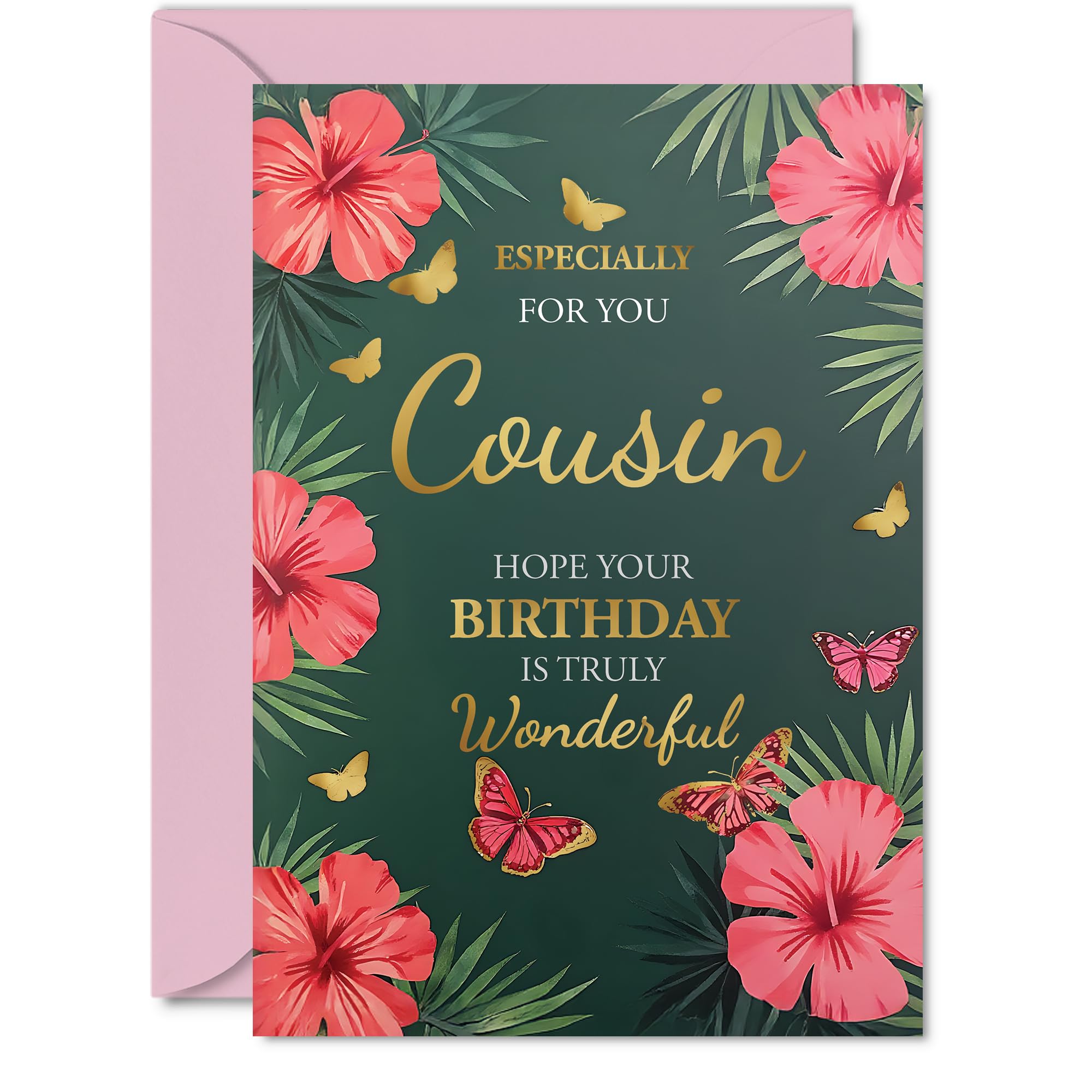Gold Cousin Birthday Card - Butterflies & Flowers - Happy Birthday Card for Cousin from Family Relative, A5 Golden Butterflies & Flowers Bday Greeting Cards