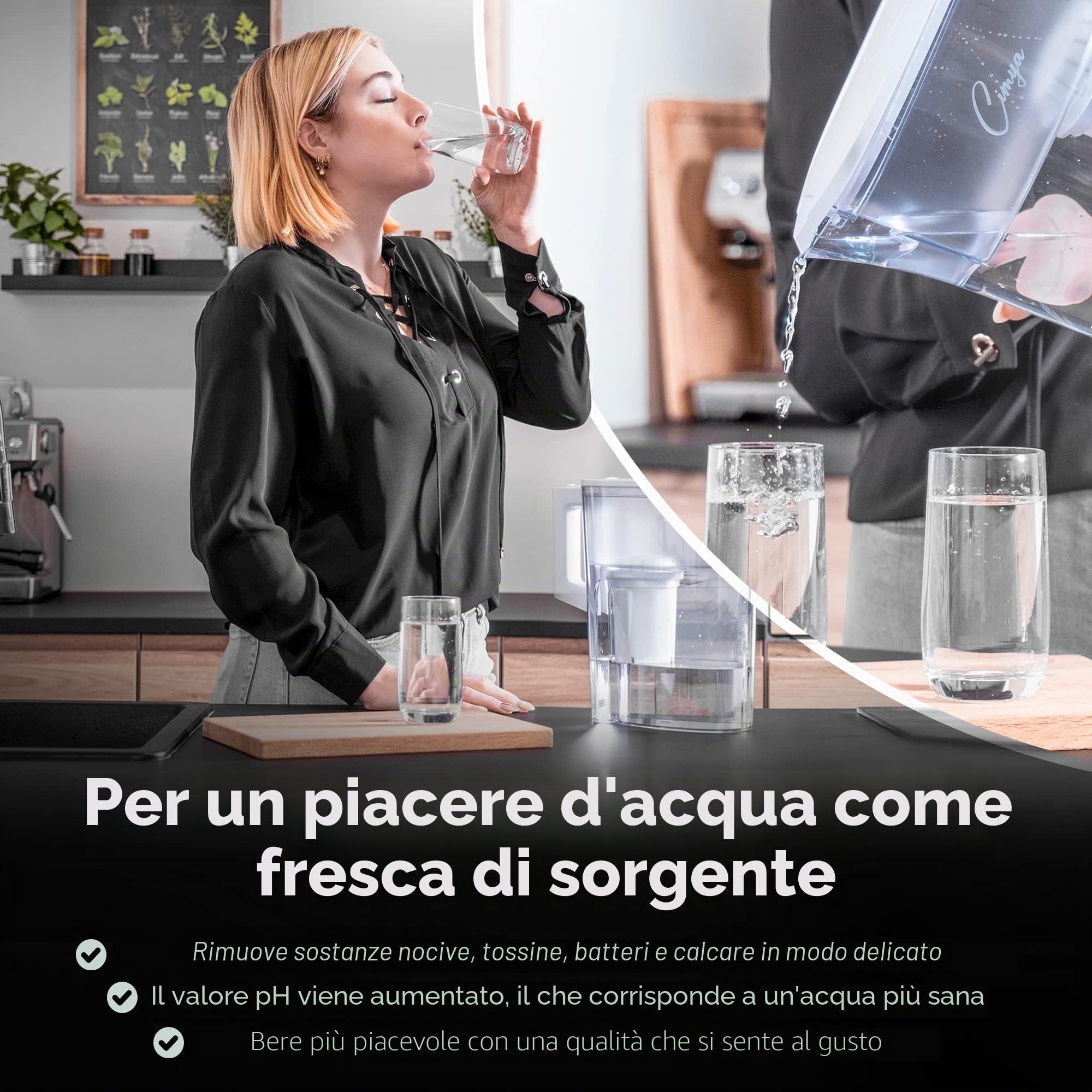 Filtro per acqua potabile, filtro 2,4 litri + cartuccia filtro 1 x 2 mesi, carbone attivo, ammorbidito, calce, cloro, pesticidi e batteri, aumenta il pH (bianco)