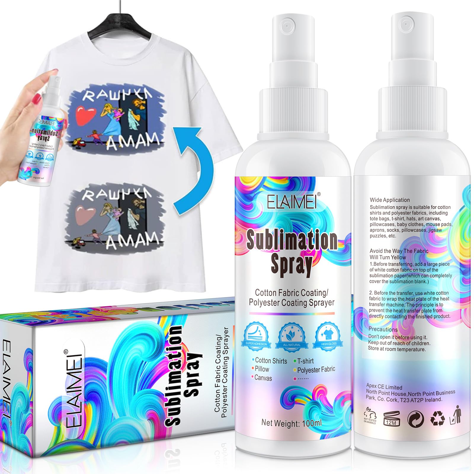 2x100ml Upgrade Sublimation Spray, Sublimation Coating Spray for Cotton, T-Shirts,Polyester, Cartons, Canvas,Sublimation Paint Quick Dry, Super Adhesion, High Gloss & Vibrant Color