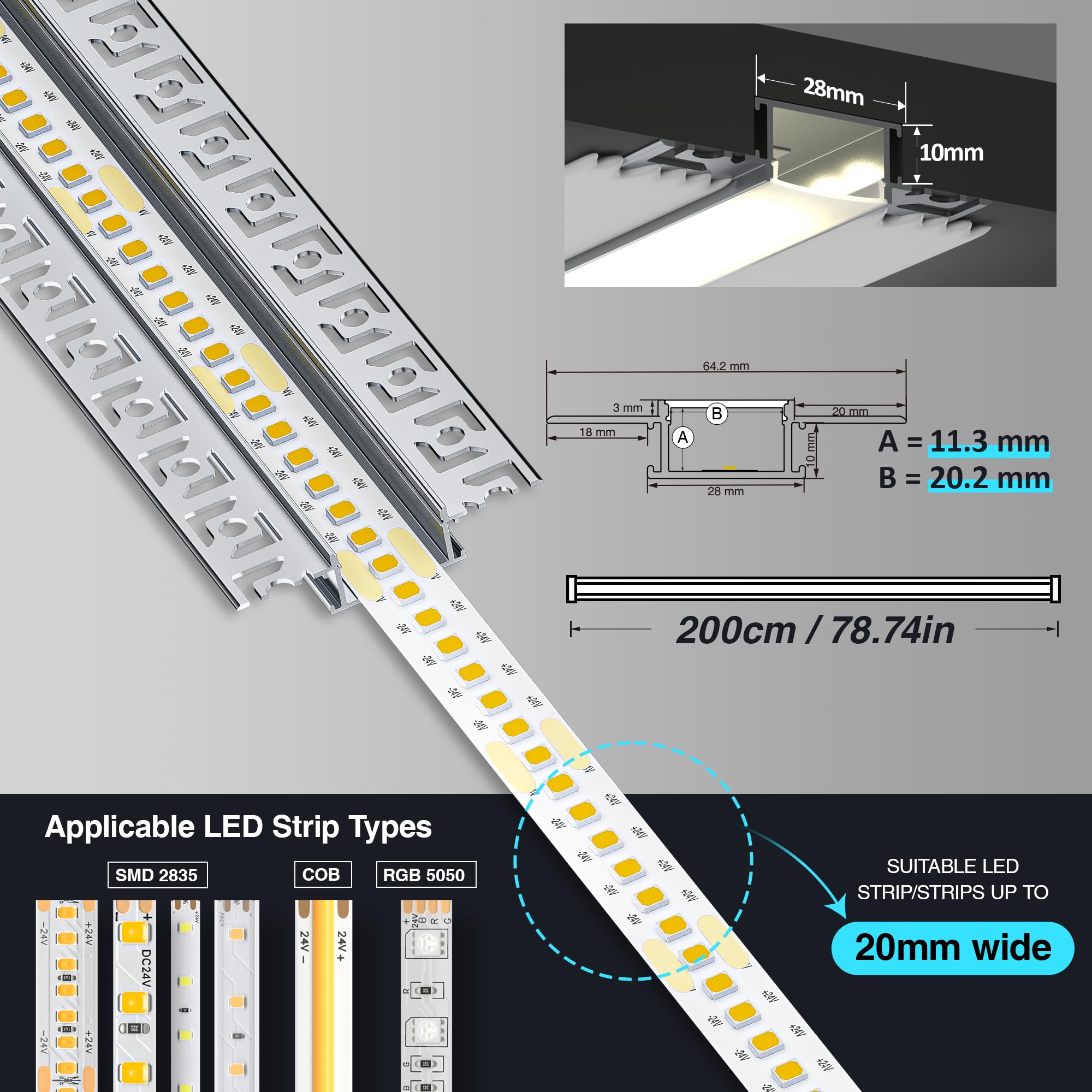 GEEKLUX 10 x Profili per Strisce LED da 2 m in Alluminio (Totale 20 m (WJ004_(64.2 x 13.8mm)_U_LED≤20mm, 5 x 2m_(10m))