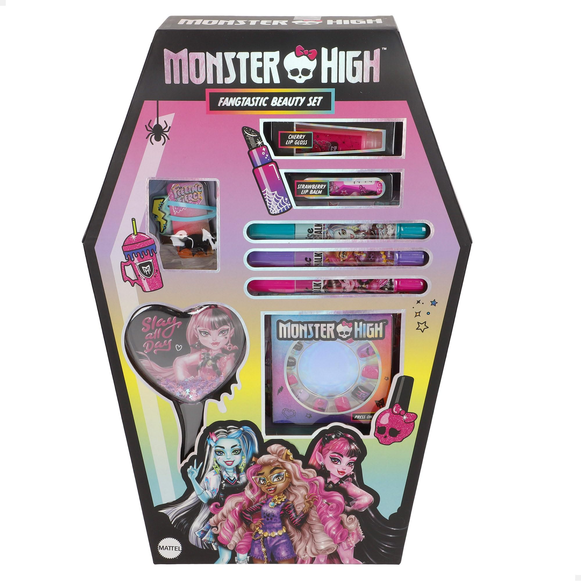 ColorBaby Monster High Beauty Set, Pędzel, Tatuaże, Sztuczne Paznokcie, Spinki do włosów i gumki, Kolorowe kredki do włosów, kolczyki samoprzylepne, błyszczyk i balsam do ust, makijaż dla dzieci, 3
