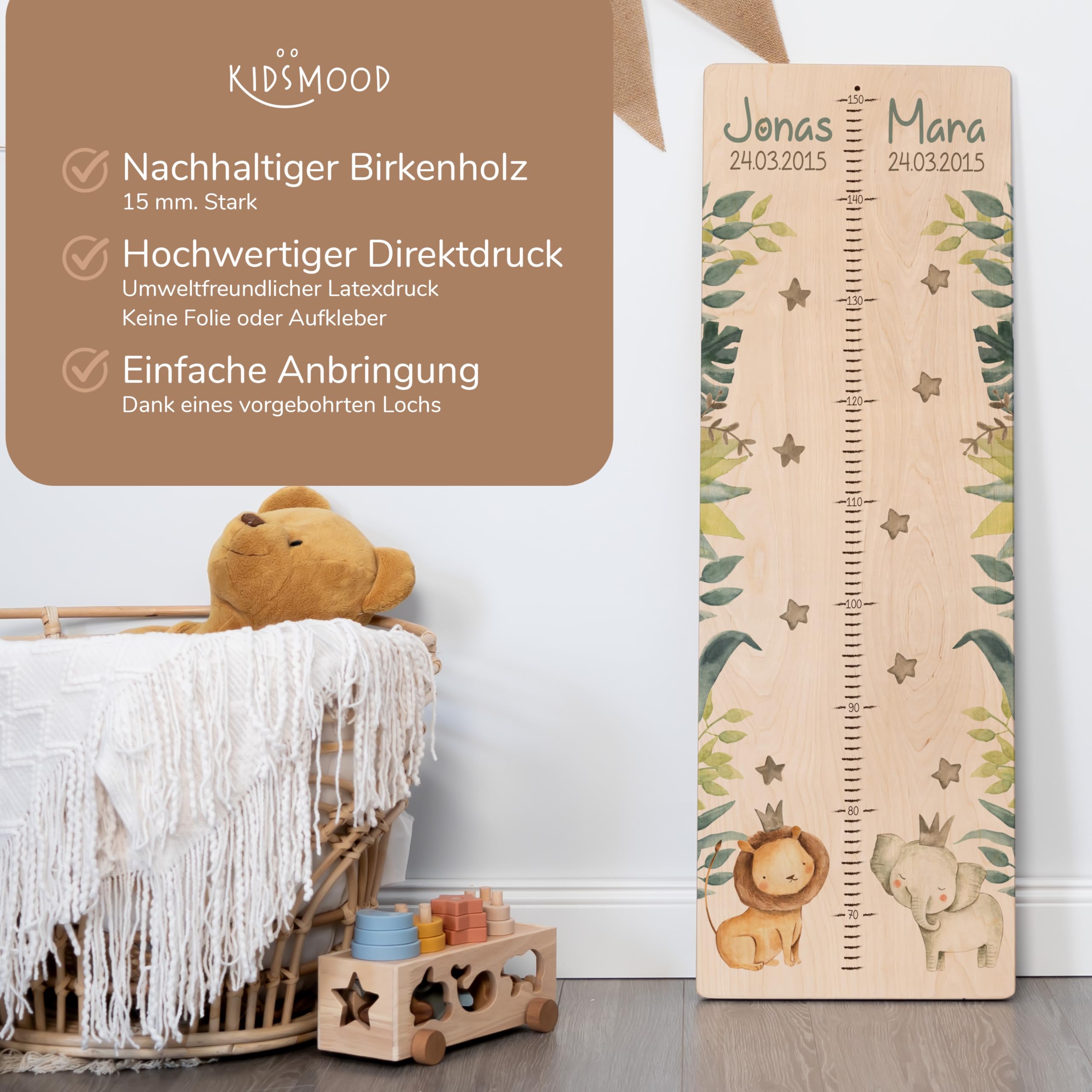 Kidsmood Personalisierte Geschwister-Messlatte aus Holz, Kinderzimmer Deko für Mädchen und Jungs, Personalisiertes Geschenk für Babys und Kinder, Messlatte Kind Holz