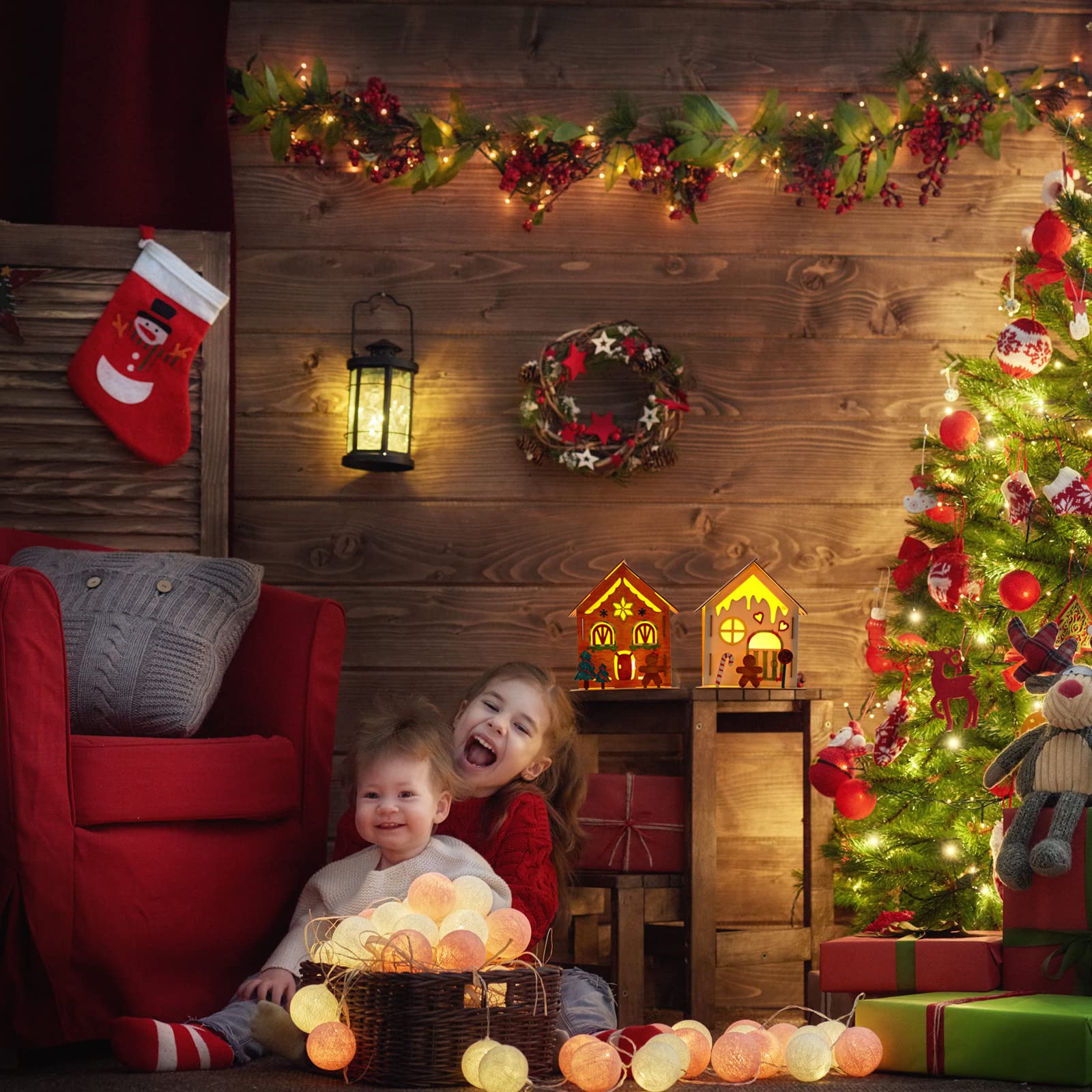 Spiareal 12 Sets DIY Gingerbread House Wooden Tealight Holder Kits Luminous Wooden Xmas Houses with Watercolor Pens and LED Flameless Candles for Kids Christmas Decorations Crafts Project Bulk