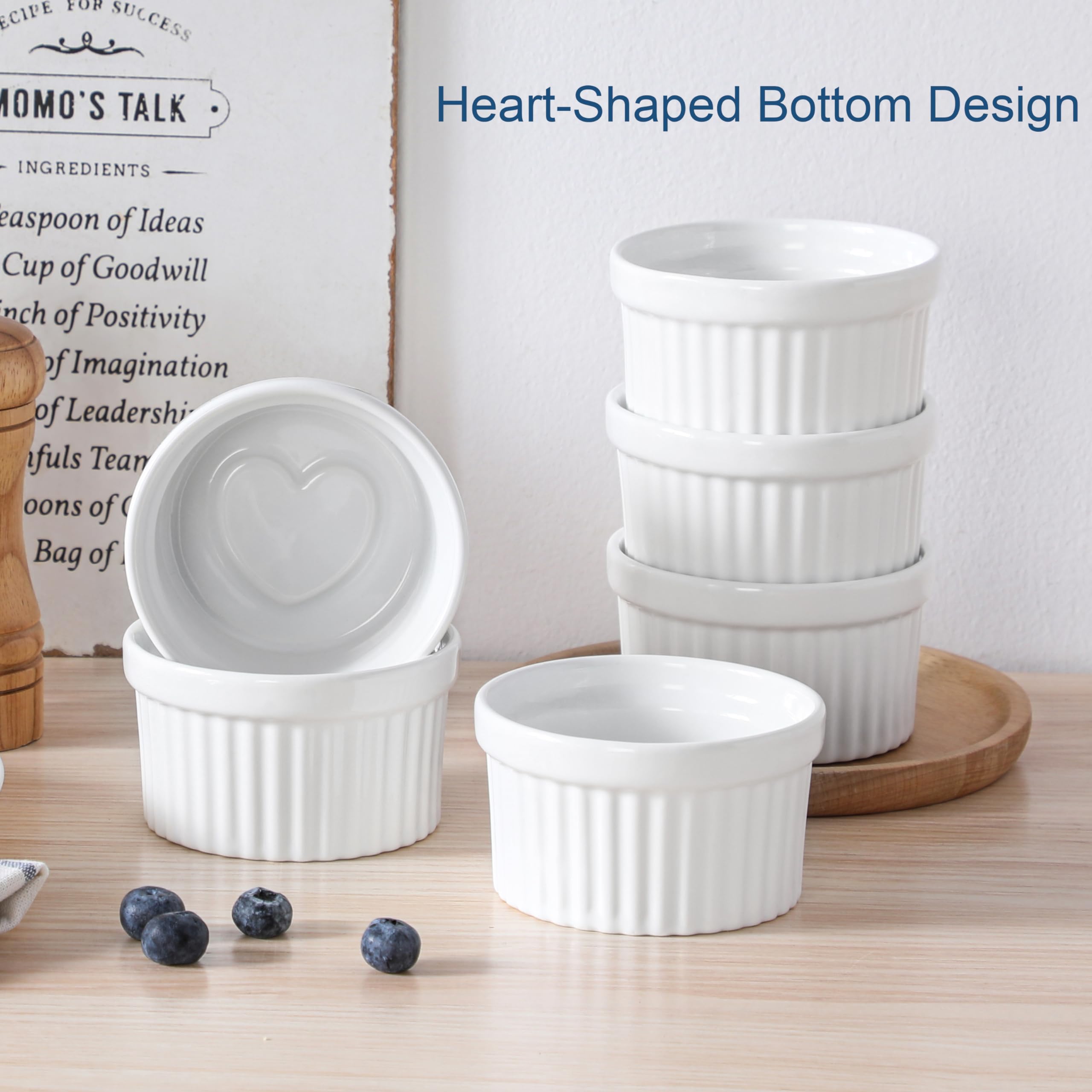 LOVECASA Ramequines de Porcelana Juego de 6 Moldes para Soufflé 240 ml φ 9,8 cm, para Crema Catalana, Hornear Pasteles de Lava, Diseño Interior de Corazón Creativo, Apto para Horno, Blanca