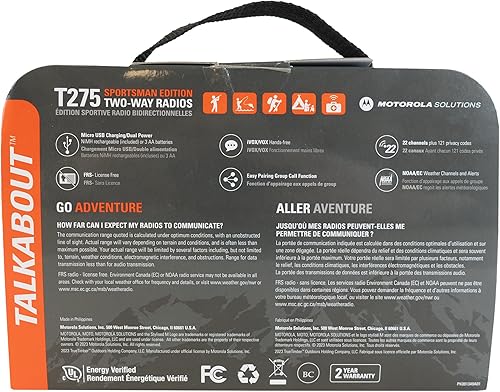 Vista 23 de Motorola Solutions, FRS portátil, T270, Talkabout, radios bidireccionales, recargable, 22 canales, 25 millas, negro con azul, paquete de 2