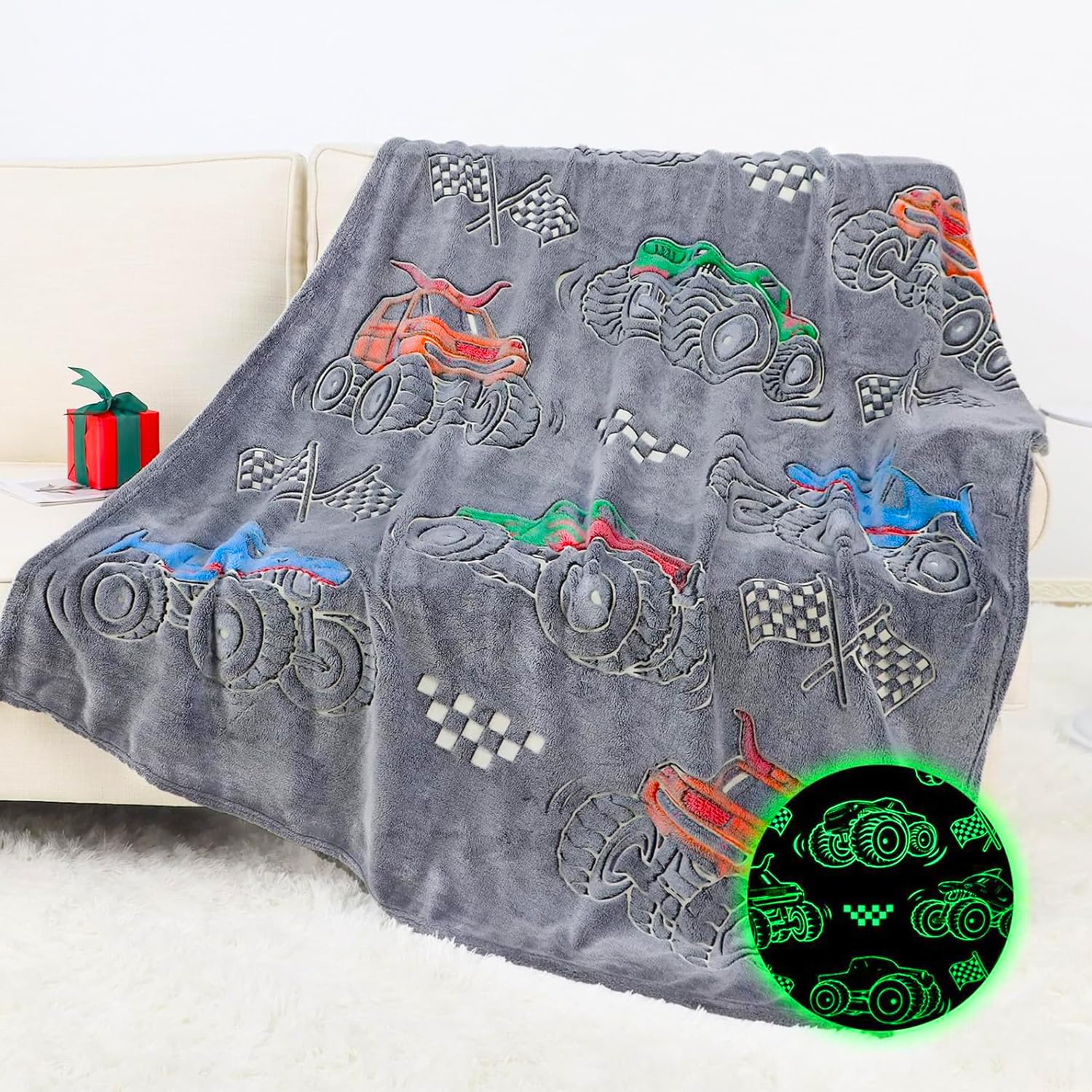 OHOIT Truck Gifts for Kids Boys - Glow in The Dark Blanket for Sofa Couch Bed Birthday Christmas Easter