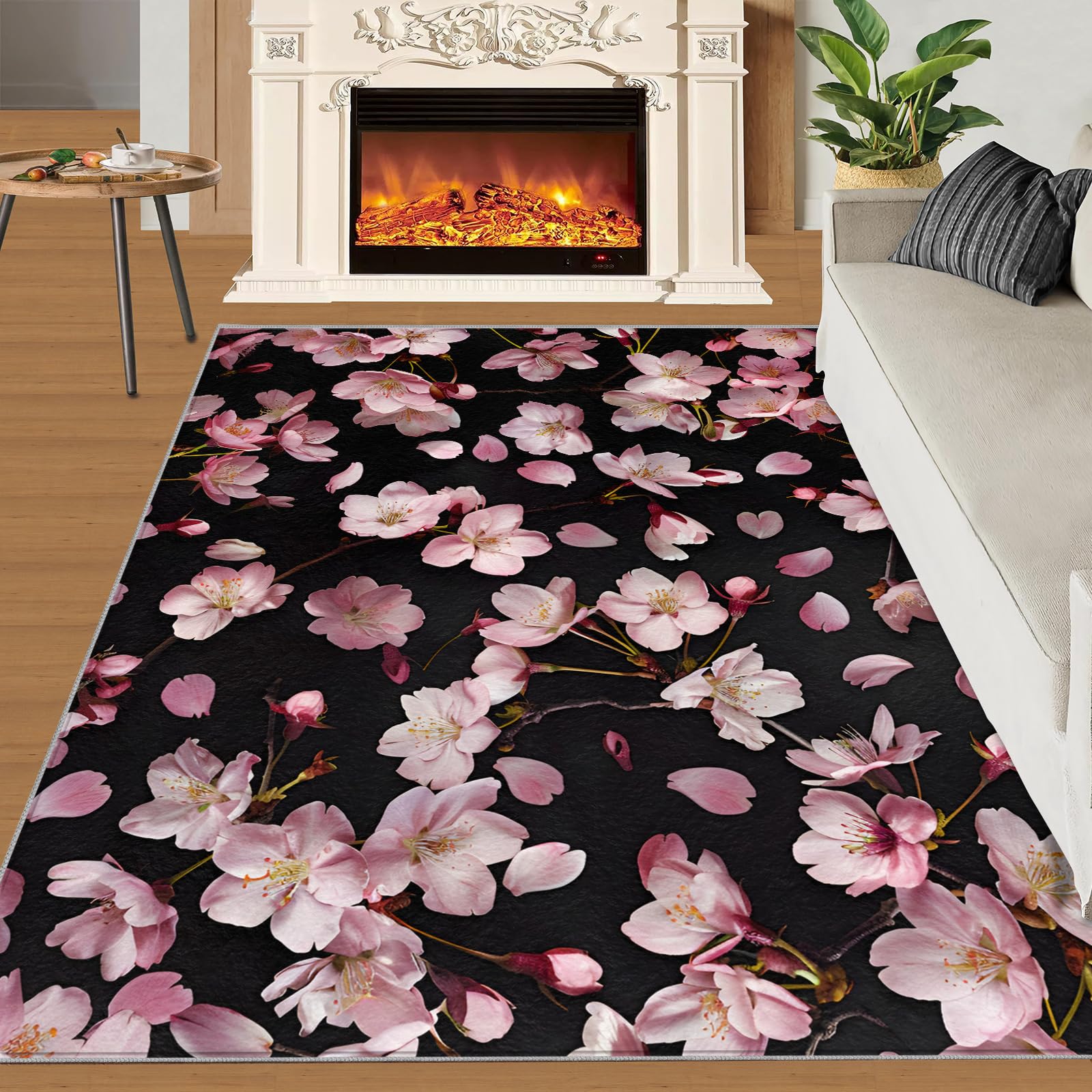SANSJI Blossom Cherry Rugs for Girls Bedroom 160x230 cm, Non-Slip Washable Pink Flower Design Area Rug for Women, Soft Low-Pile Japanese Carpet, Botanical Black Style