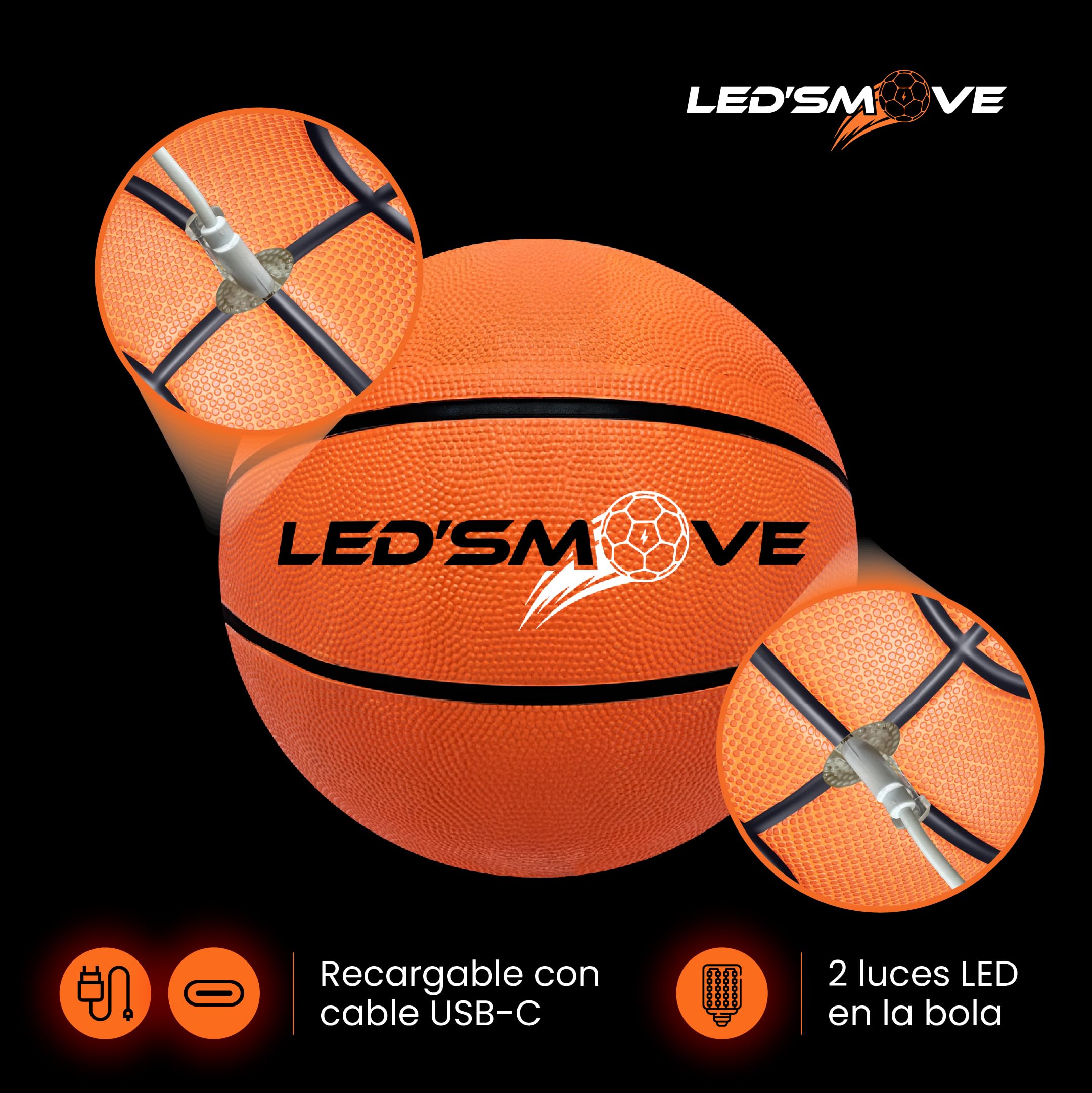 LED'S MOVE LS3 Pelota Baloncesto Luminosa LED Talla 7 Outdoor, Balón de Baloncesto Recargable USB-C, Pelota Basket Niño Exterior Interior, Niño 8 10 12 Años Jugar Fuera Casa