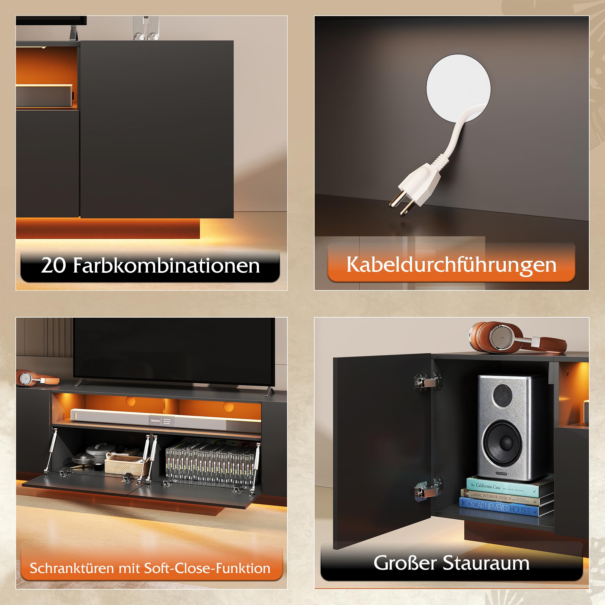 WLIVE TV Schrank Schwarz, Lowboard Hochglanz mit 20 Farben LED-Beleuchtung, TV Board mit Schränken und 2 Freiflächen, Fernsehtisch mit Klapptür, 170 x 36 x 45 cm, Schwarz
