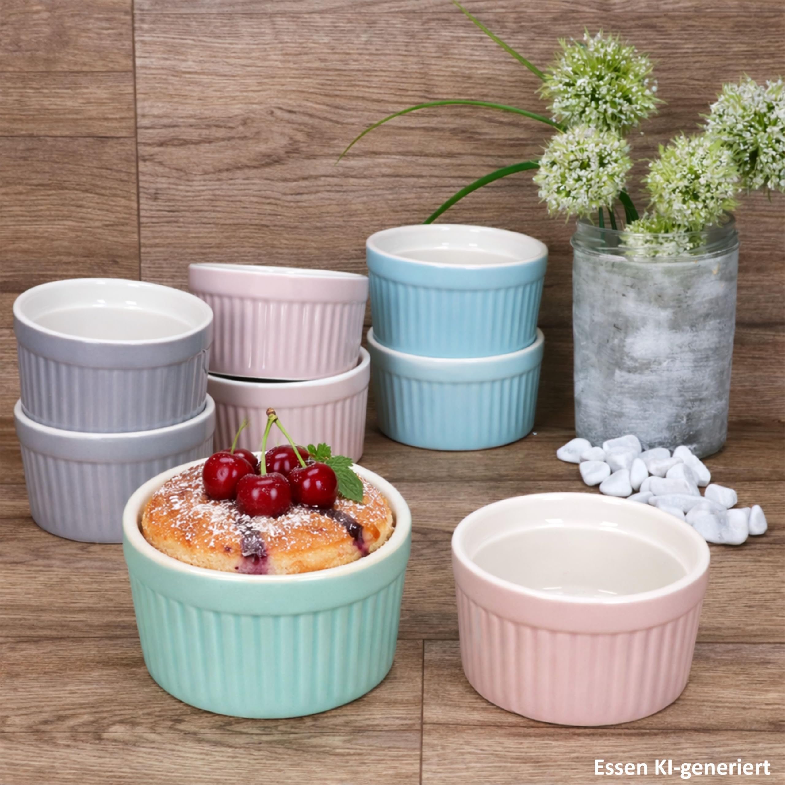 MamboCat Emilia 24er Set Soufflé Förmchen I 125ml, Ø8,8cm I je 6X rosa, türkis-blau, hellblau & grau I Porzellan Mini Backformen rund I für Crème Brûlée, kleine Aufläufe & Dessert
