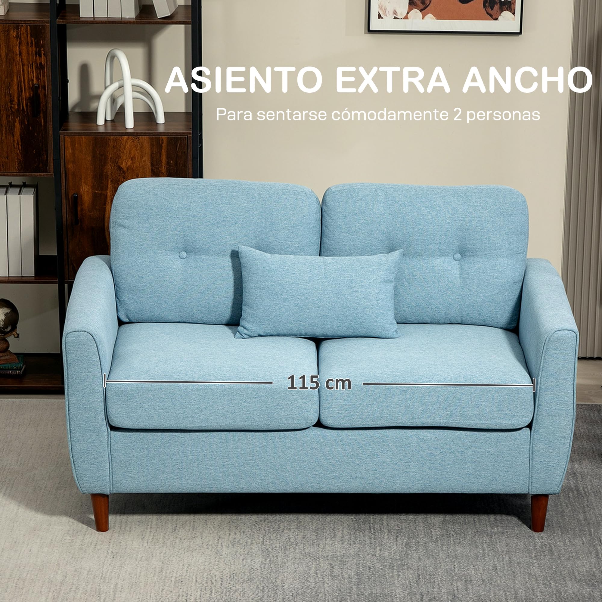 HOMCOM Sofá de 2 Plazas Tapizado en Lino de Salón 140x78x83 cm Azul Claro | Moderno con Reposabrazos, Patas de Madera, Cojín Decorativo con Funda Lavable, Dormitorio, Oficina