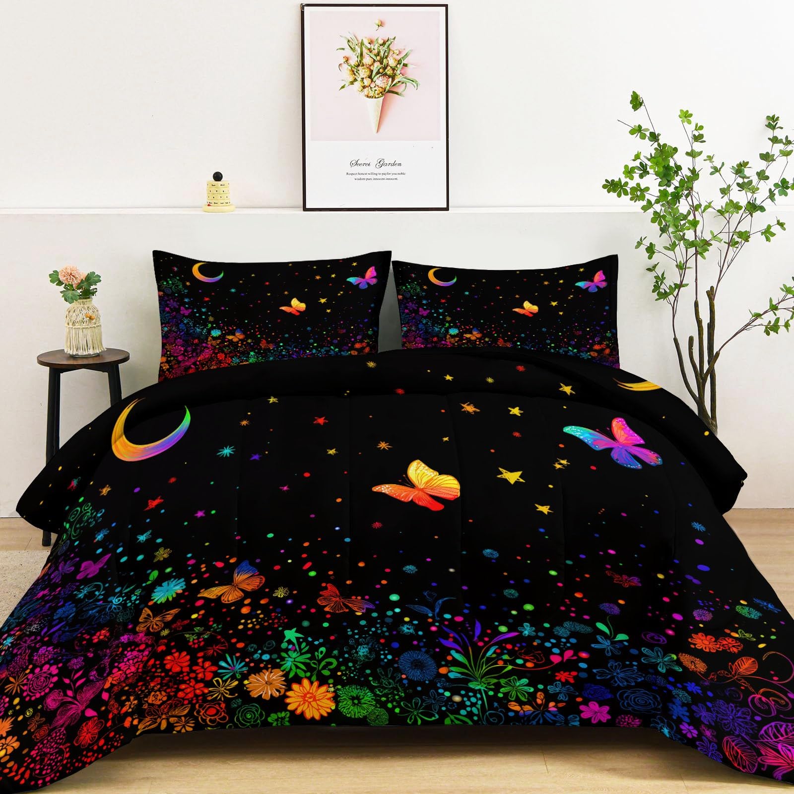 Watercolor Splash Quilted Comforter Set King Size, Butterfly Moon Lightweight 3 Pieces Bedding Set, Black Soft Warm Down Comforter 104" x 90" Quilted Bedding Sets for Girls Boys Kids