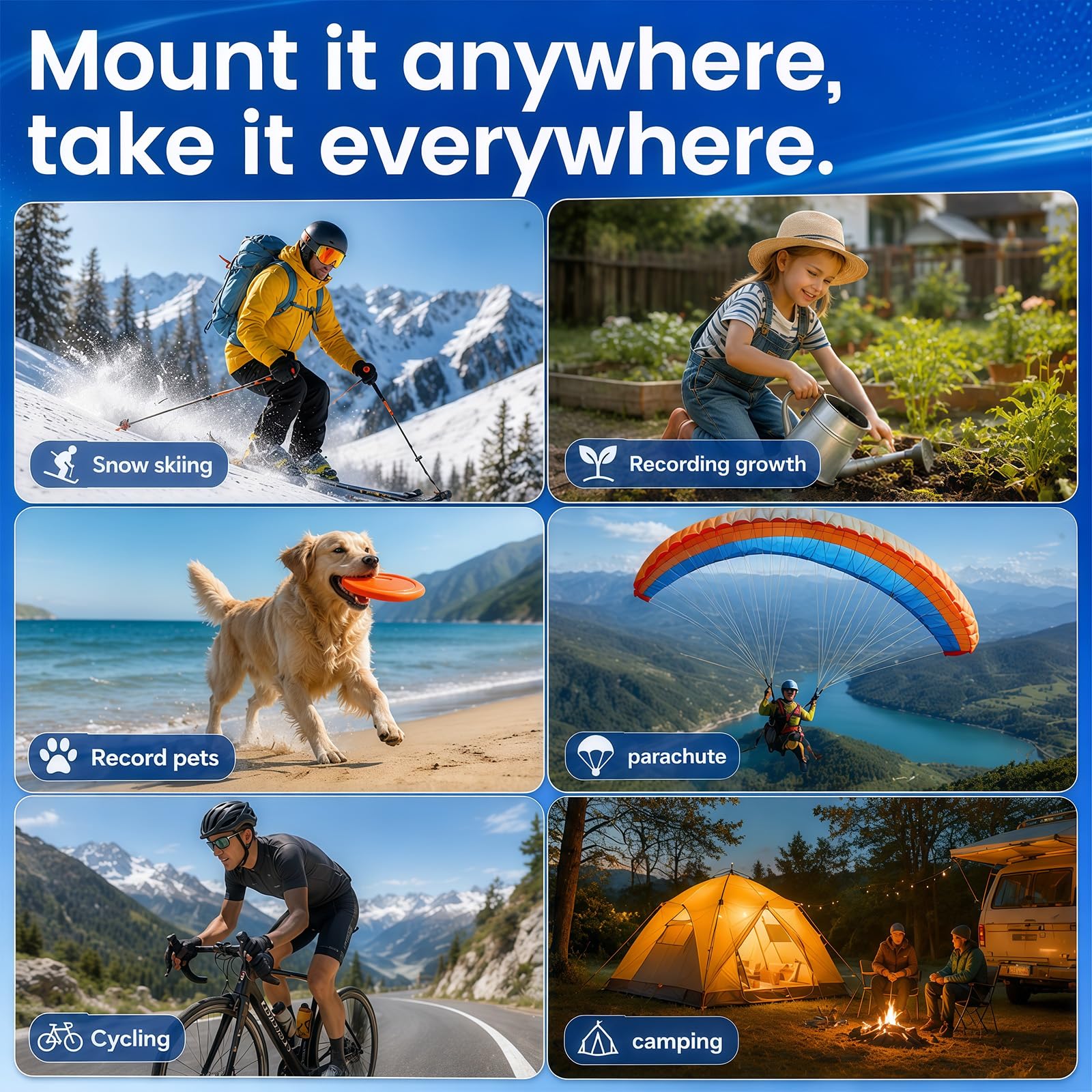 Mini caméra d'action POV portable 4K avec stabilisation d'image EIS, support magnétique mains libres, connectivité WiFi, comprend une carte mémoire de 64 Go et un étui de chargement, pour vlogging